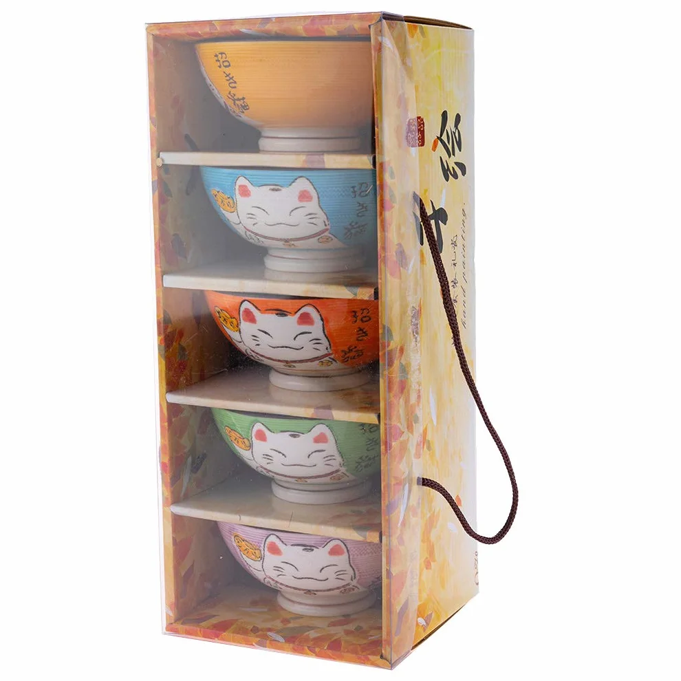 lachineuse Coffret Bols Japonais Design Maneki Neko 5 Bols à Riz Traditionnels Ø 11,5 cm 275 ML