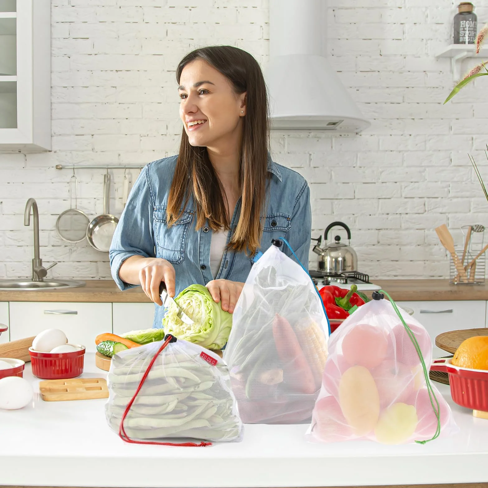Sacs de Rangement réutilisables en Filet pour Fruits et Légumes avec Cordon de Serrage, 3 Tailles