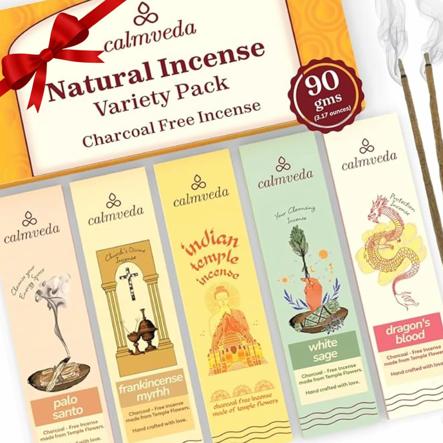 Baton Encens Naturel Pack Variété 90g sans Charbon Fabriqué à partir de Fleurs Recyclées Frankinscène Myrrhe Sauge Blanche Palo Santo Sang de Dragon