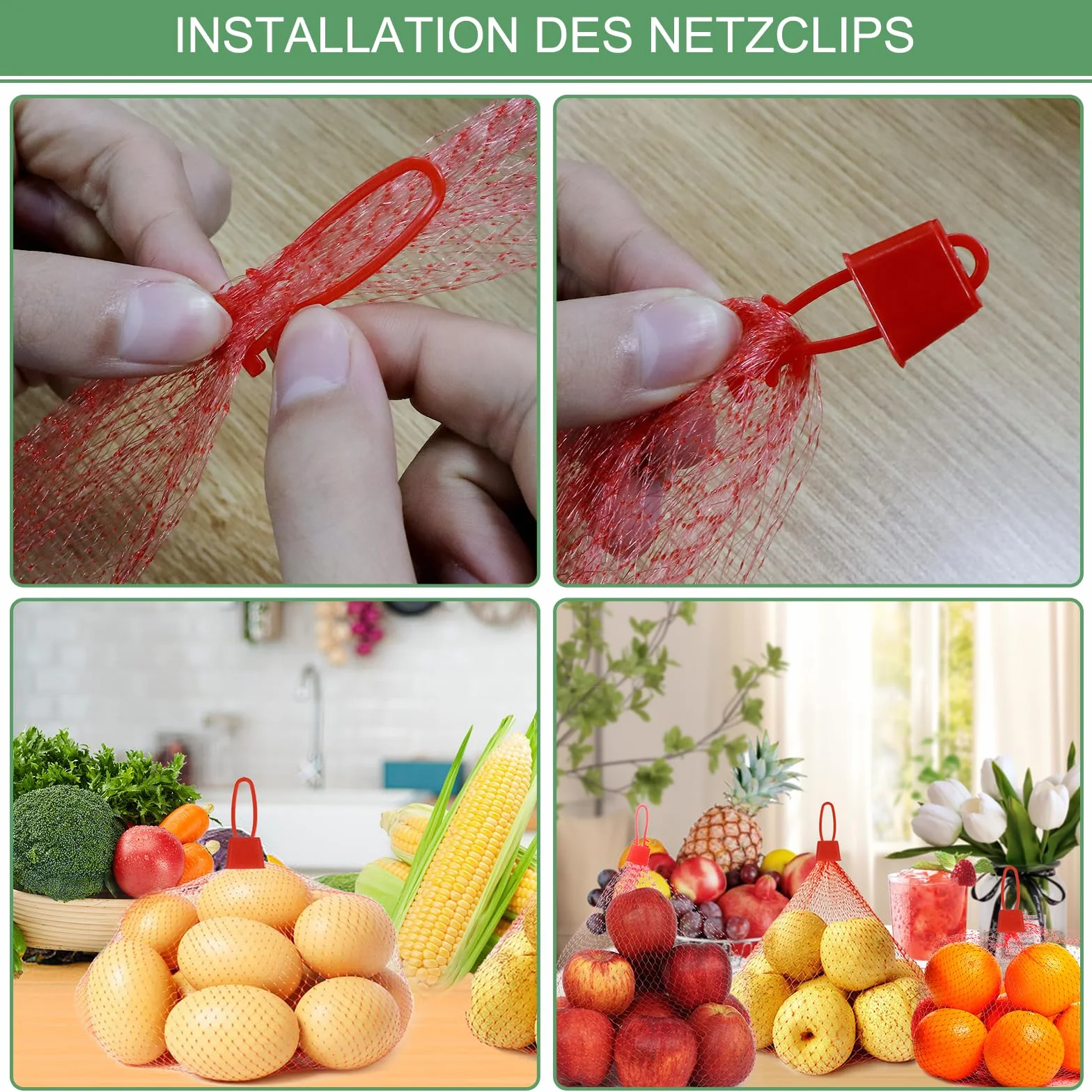 Sac Filet Réutilisable pour Légumes Noix Fruits Œufs avec Boucle Rouge