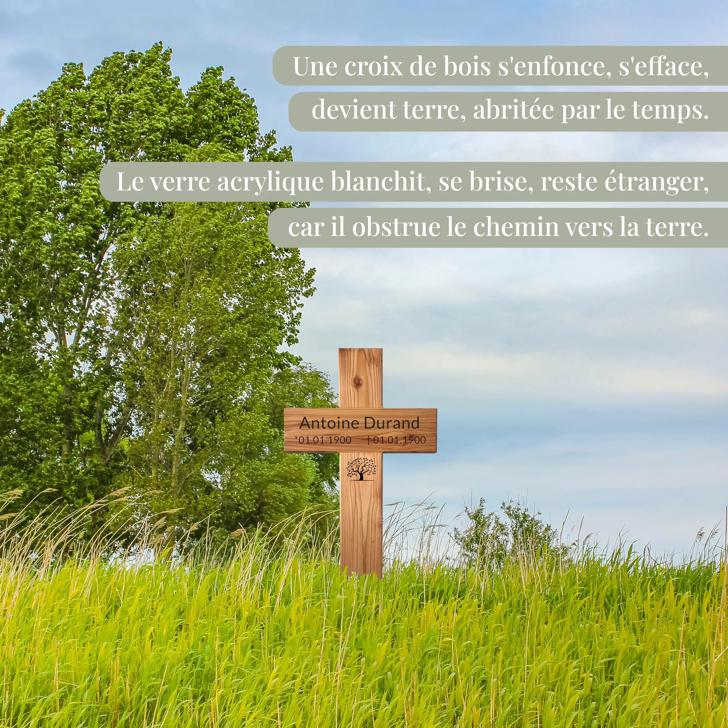 Croix funéraire XXL en bois de mélèze huilé 80 x 40 cm avec gravure laser