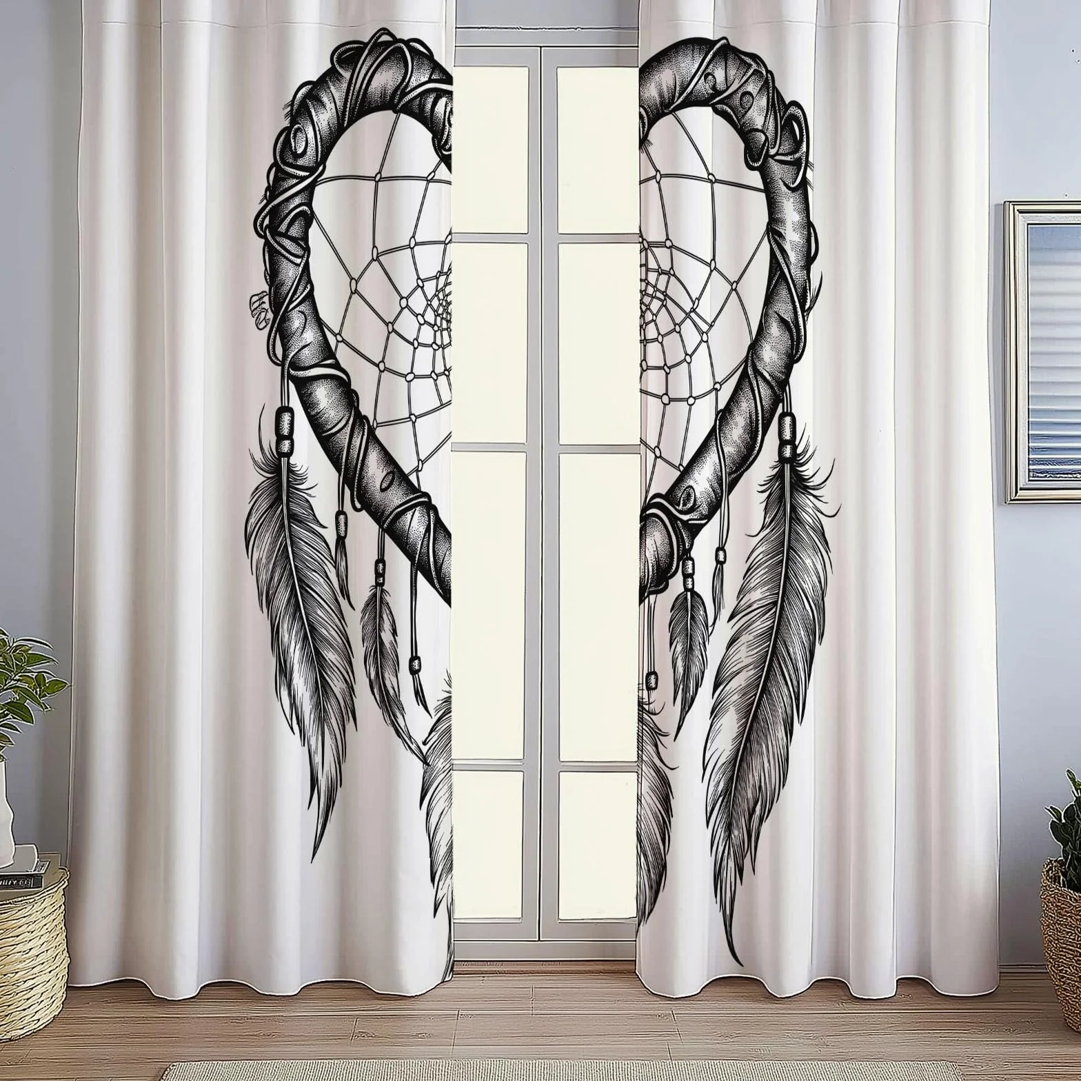 Rideaux Occultants 91.5x214 cm 2 Panneaux Attrape-rêves Coeur Tissu Occultant Chambre Enfant Blanc