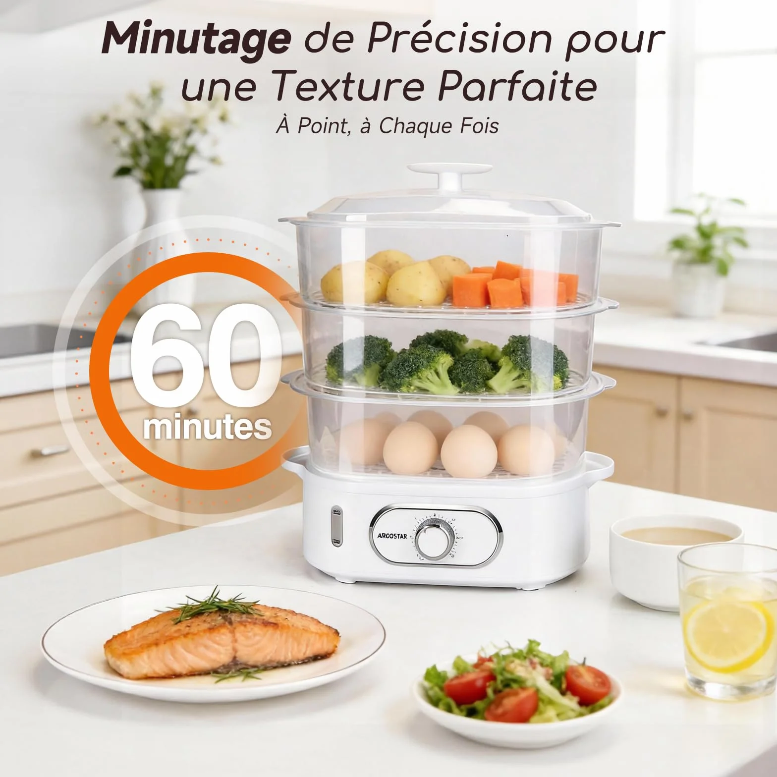 Aigostar Cuiseur Vapeur Electrique 12L 900W 3 Récipients Empilables Minuterie 60 Minutes Sans BPA
