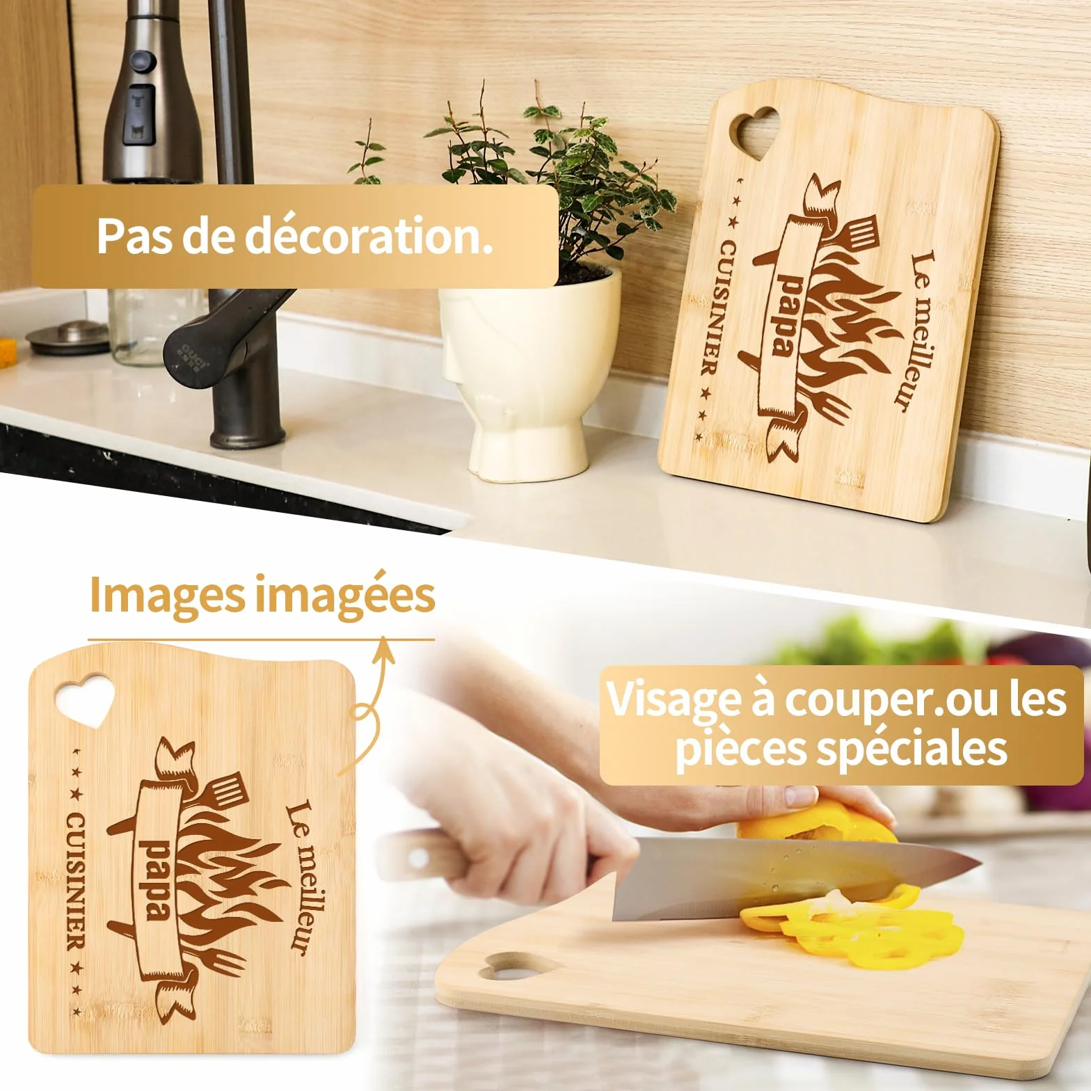 Planche à Découper en Bambou Sculptée Cadeau Papa Fête des Pères