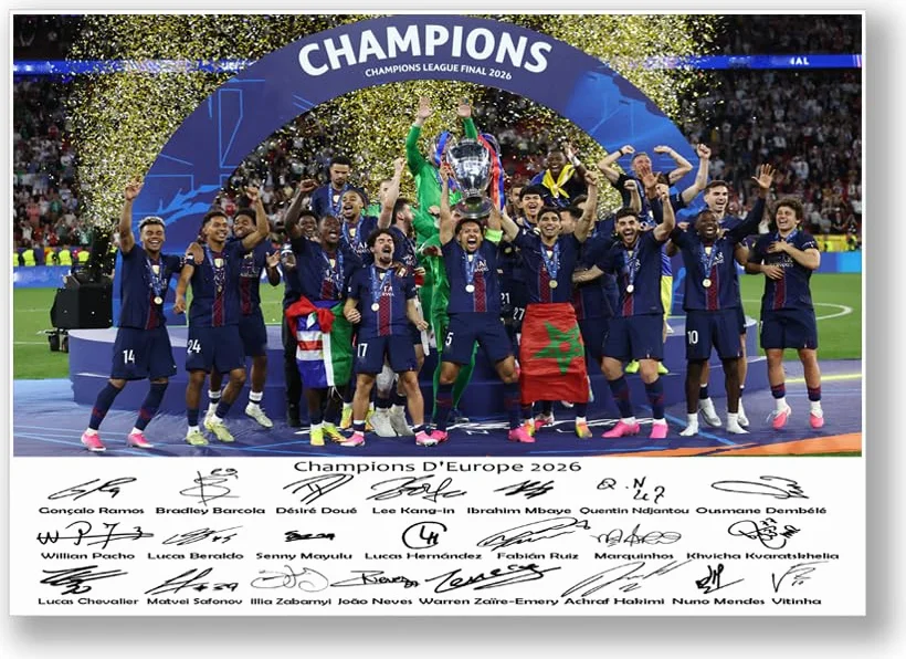 LJW Prints PSG Champions of Europe 2026 Poster A4 Photo signée Cadeau football fans