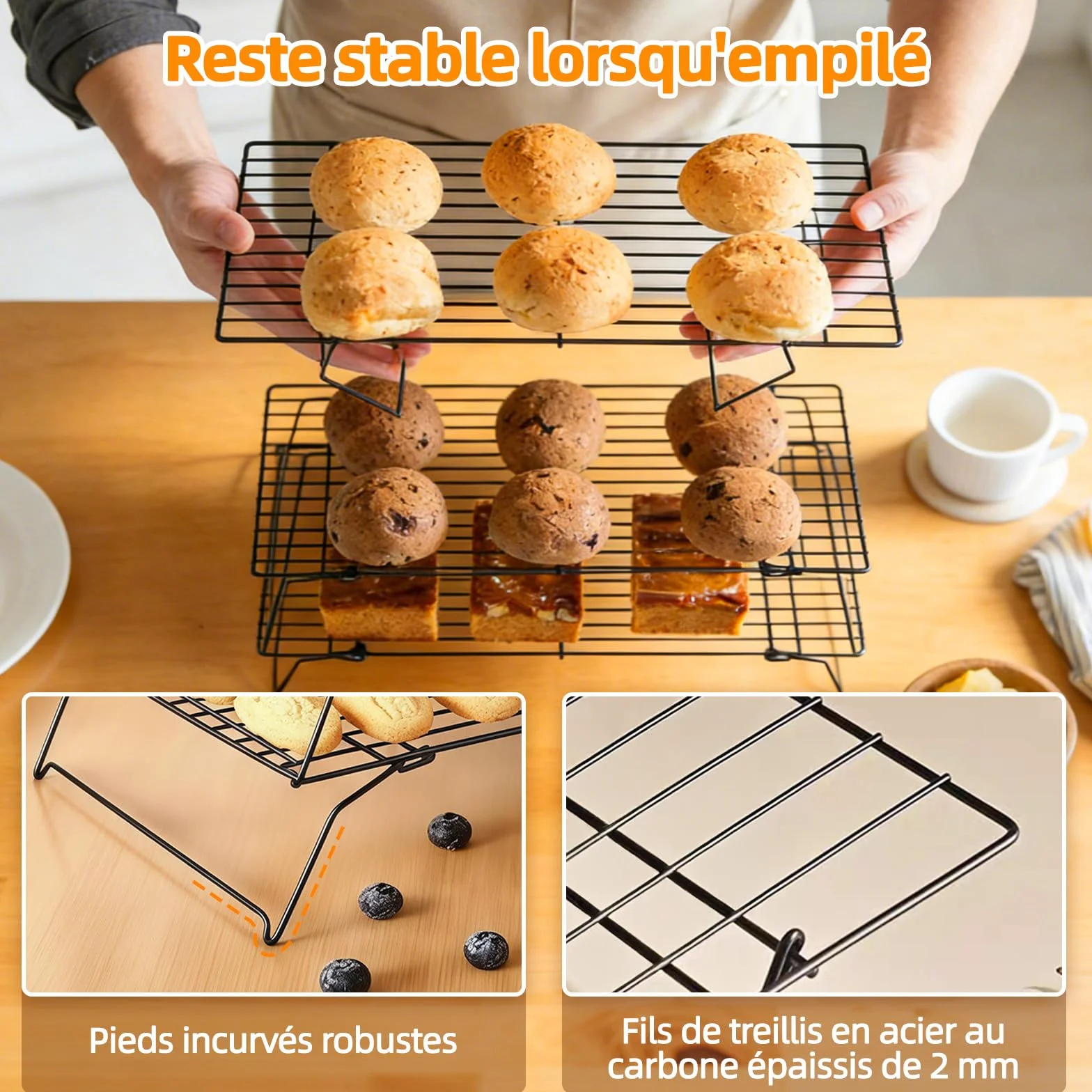 Grille de Refroidissement Pâtisserie Acier Carbone Antiadhésive 40x25 cm Pliable Empilable 3 Niveaux