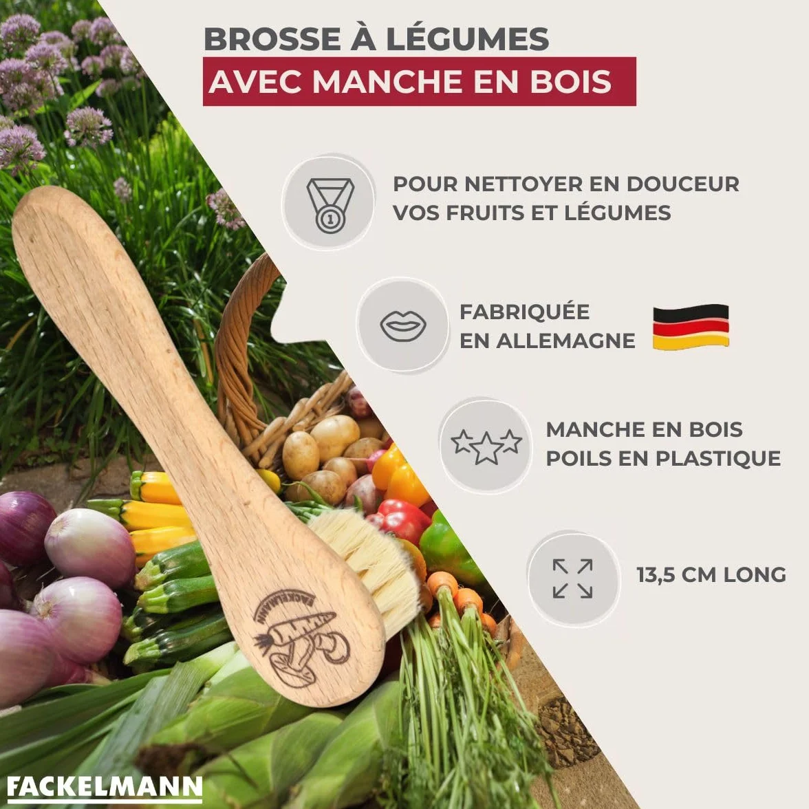 Fackelmann Brosse pour légumes en Bois 13,5 x 3,6 x 3,3 cm