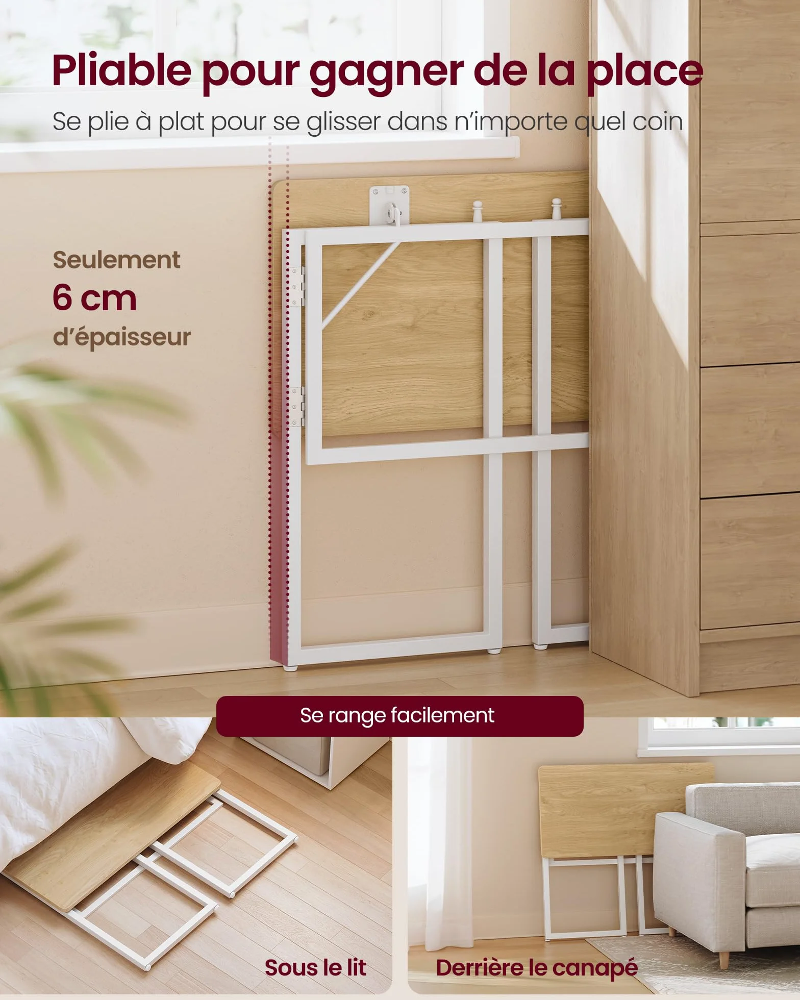 VASAGLE Table Pliante Bureau Pliable 80 x 40 cm Chêne Naturel