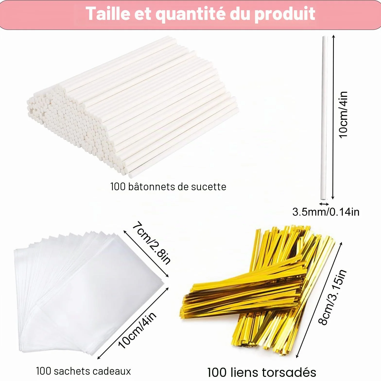 Set de Bâtonnets à Cake Pop 300 Pièces - 10cm Bâton Sucette, Sacs à Colis, Liens Torsadés