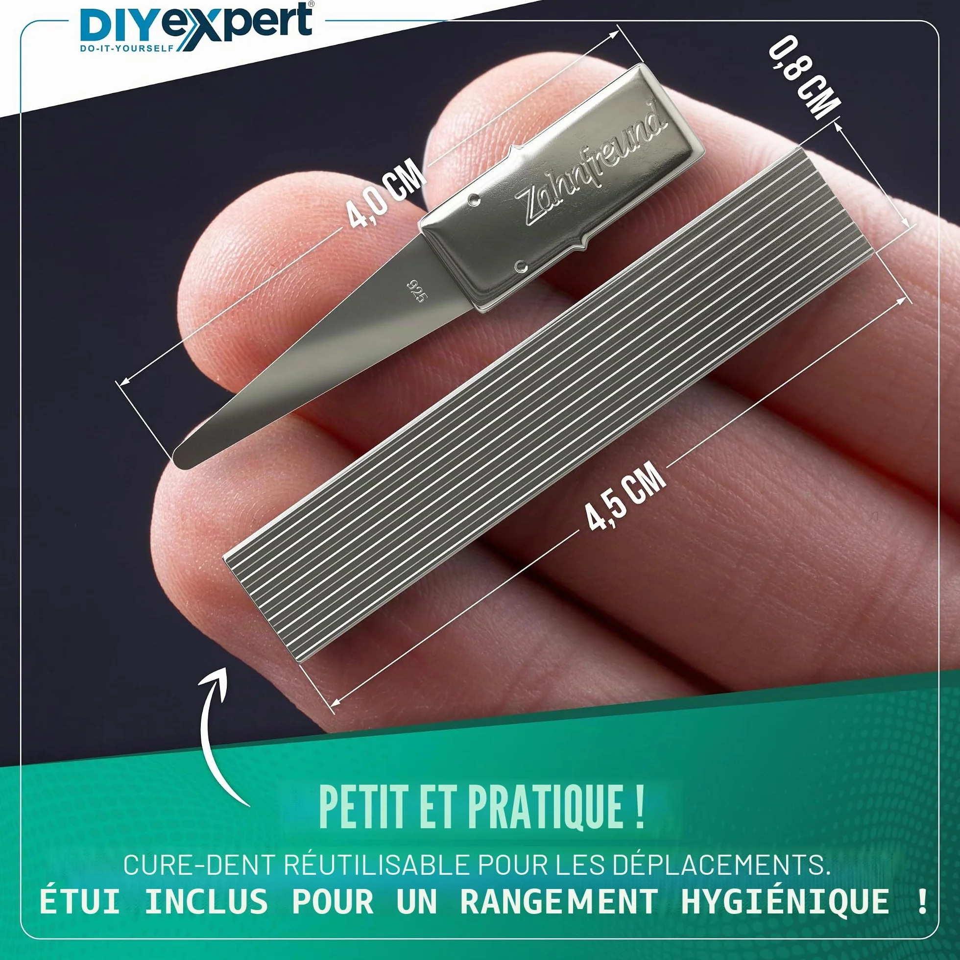 Cure-dents Home Xpert 4 cm avec feuille d'argent véritable - Poignée incluse - Longueur totale 5,5 cm - Étui