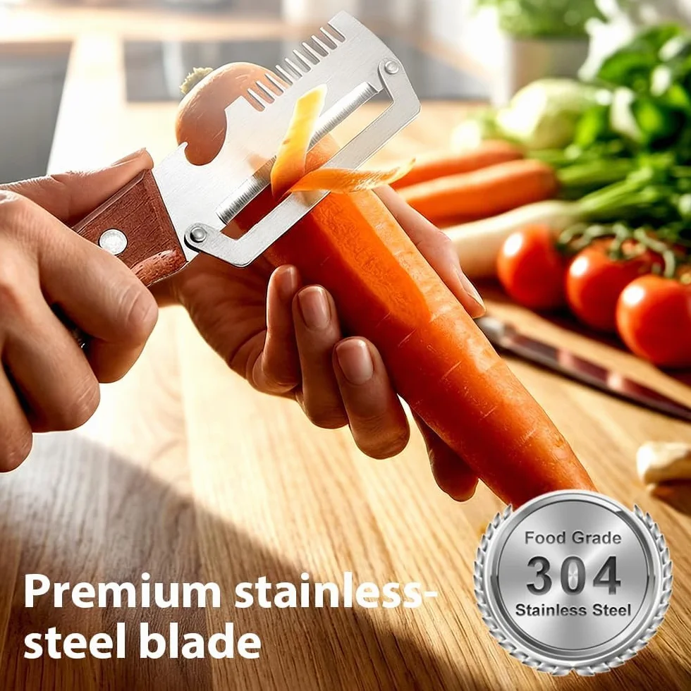 Éplucheur 3-en-1 Acier Inoxydable Manche en Bois – Coupe-Légumes Julienne et Décapsuleur, Économe Ergonomique (2 PCS)