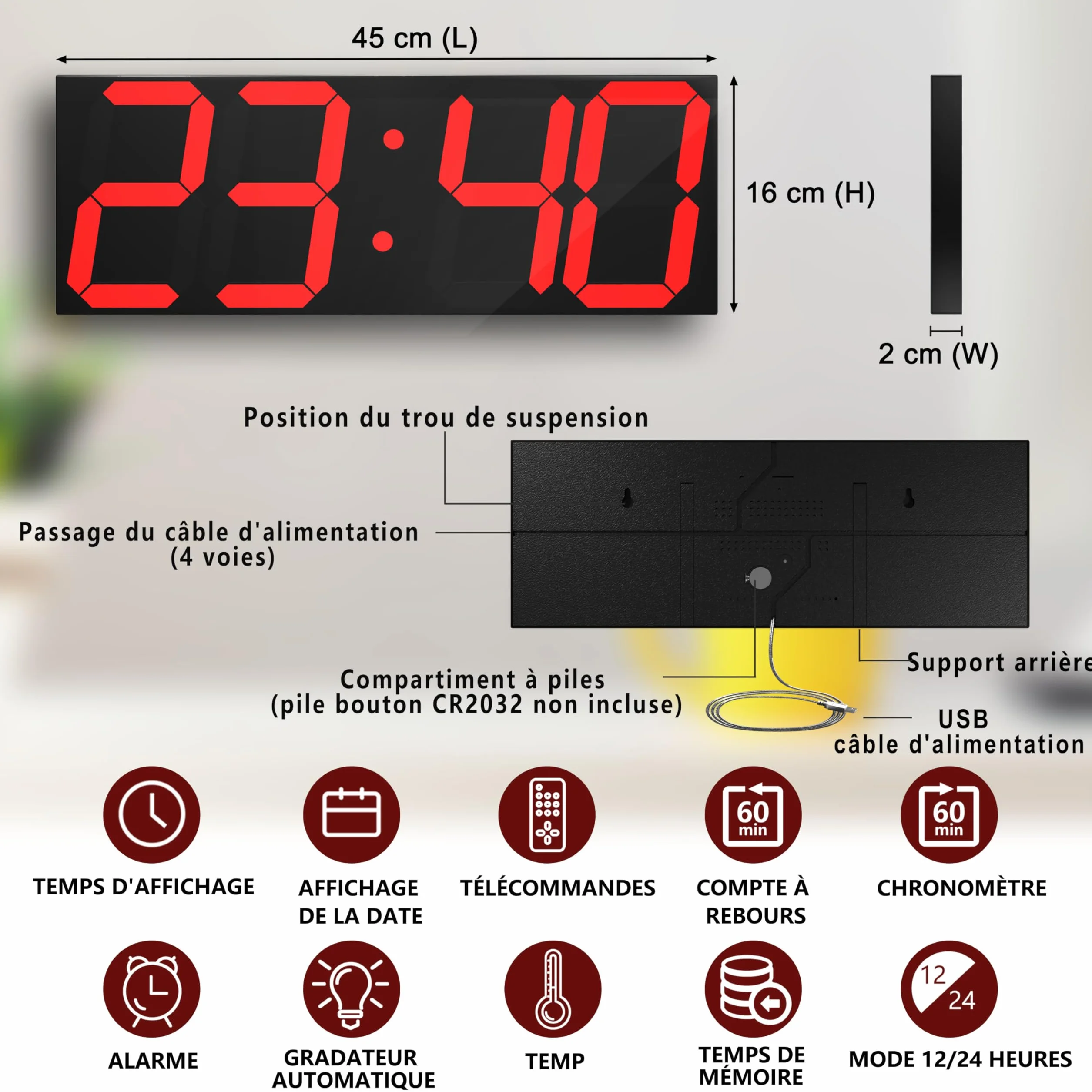 CHKOSDA Grande horloge murale LED numérique 18 pouces compte à rebours 8 niveaux luminosité réglables affichage 12/24 heures indicateur température calendrier rouge