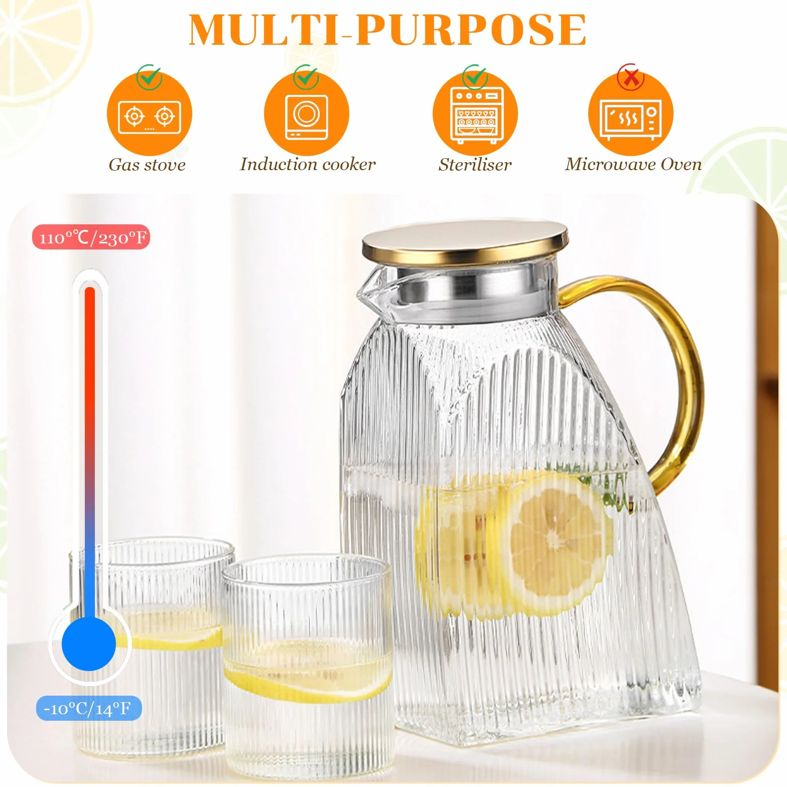 Pichet à Eau en Verre Borosilicate 1,8 L avec Couvercle et Anse, Carafe pour Boissons Chaudes & Froides