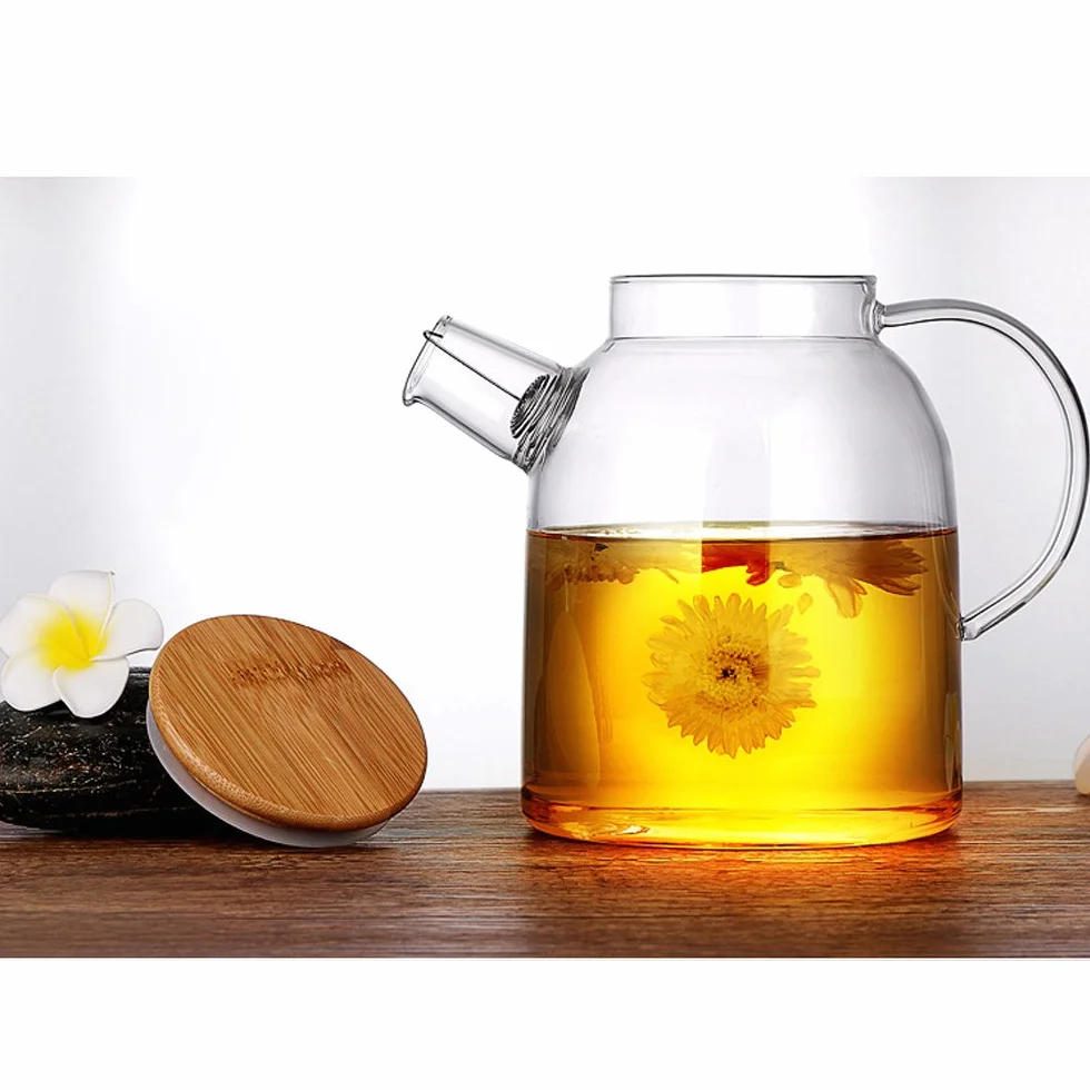 Théière en Verre Transparente 1500ML avec Filtre en Bambou et Acier Inoxydable