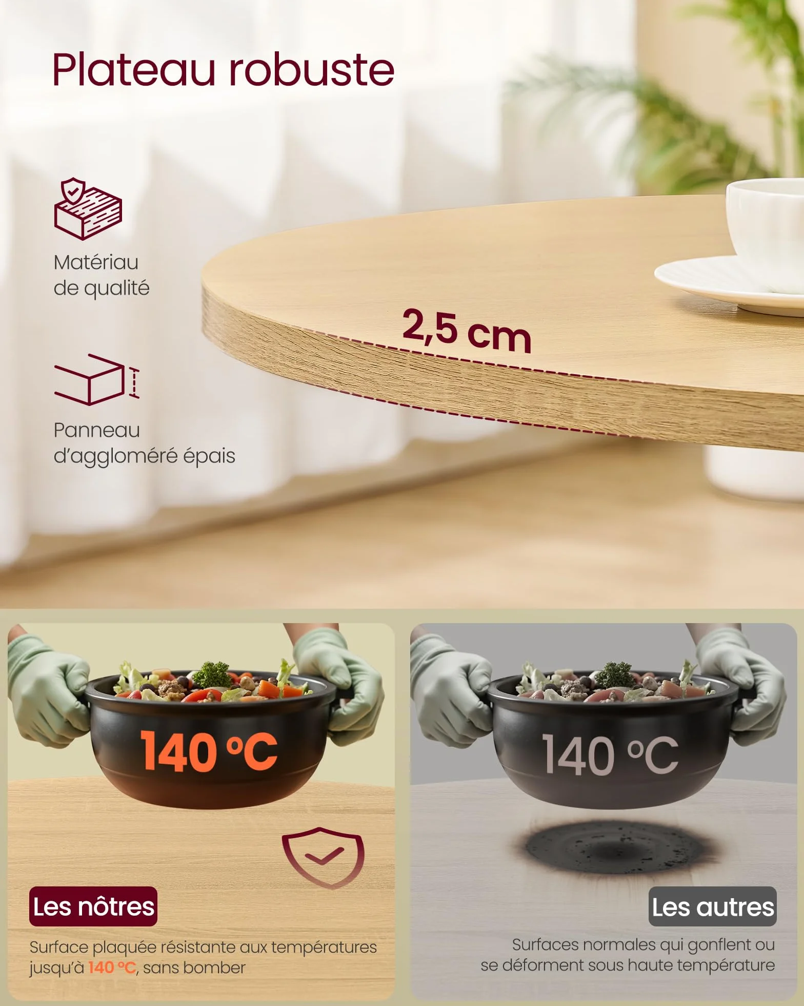 VASAGLE Table Ronde Cuisine 80 cm 4 Personnes Doré Chêne