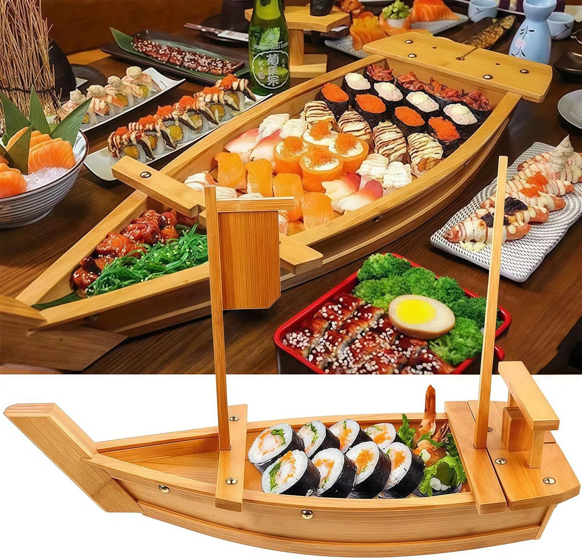 Générique Plateau de Service en Bois en Forme de Bateau à sushis pour la présentation des Aliments à la Maison et Lors d'événements (80 cm)