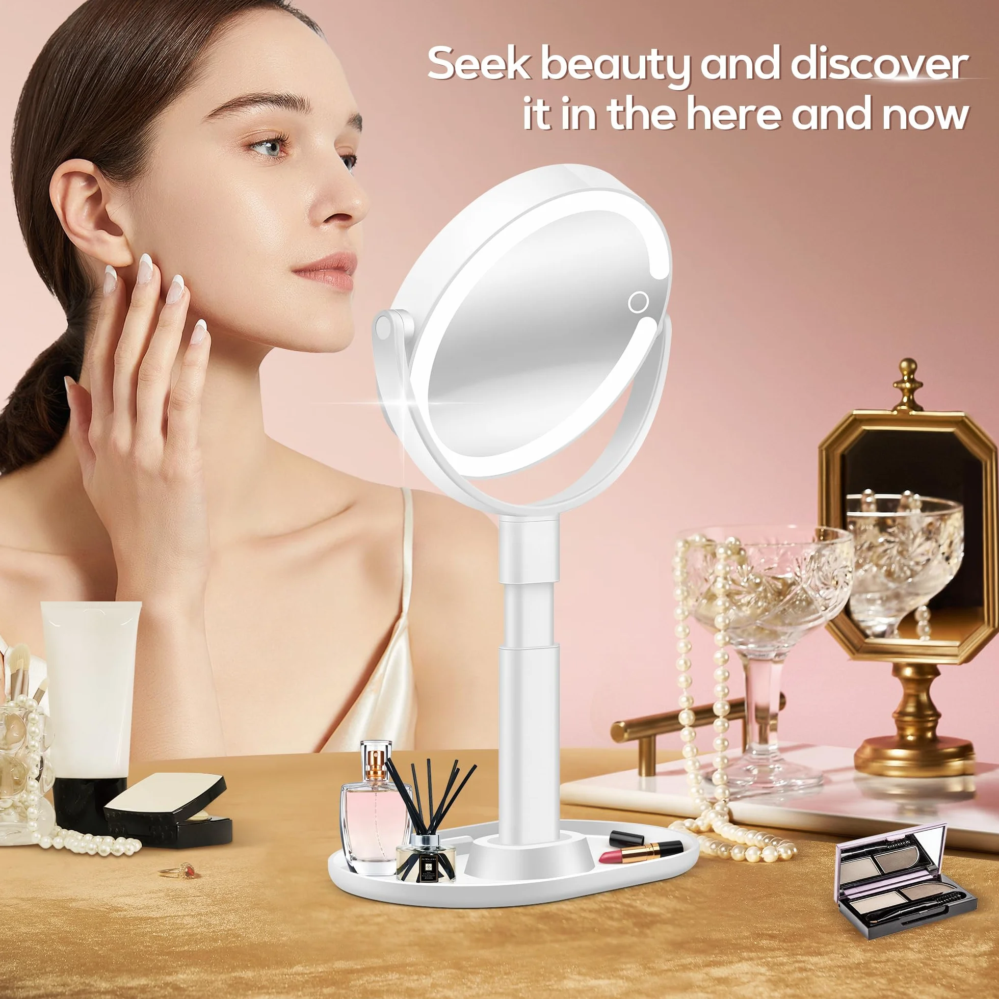 B Beauty Planet Miroir de Maquillage Éclairé 30X LED 3 Couleurs Intensité Variable Réglable en Hauteur Miroir Cosmétique 2 Côtés Blanc