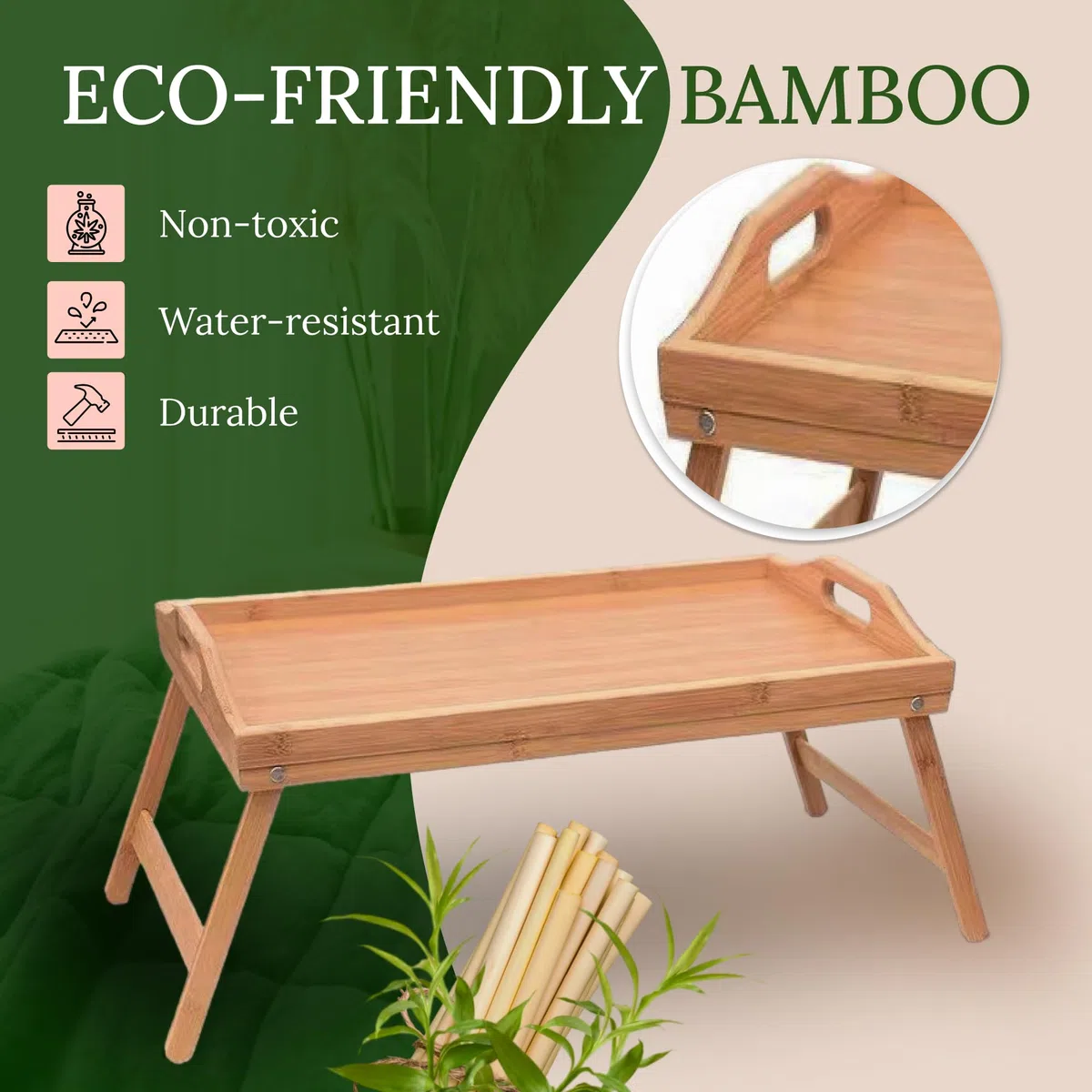 Plateau de petit-déjeuner en bambou respectueux de l'environnement avec pieds pliables, bureau portable pour ordinateur portable, plateau en bois polyvalent pour la maison et le bureau, design durable