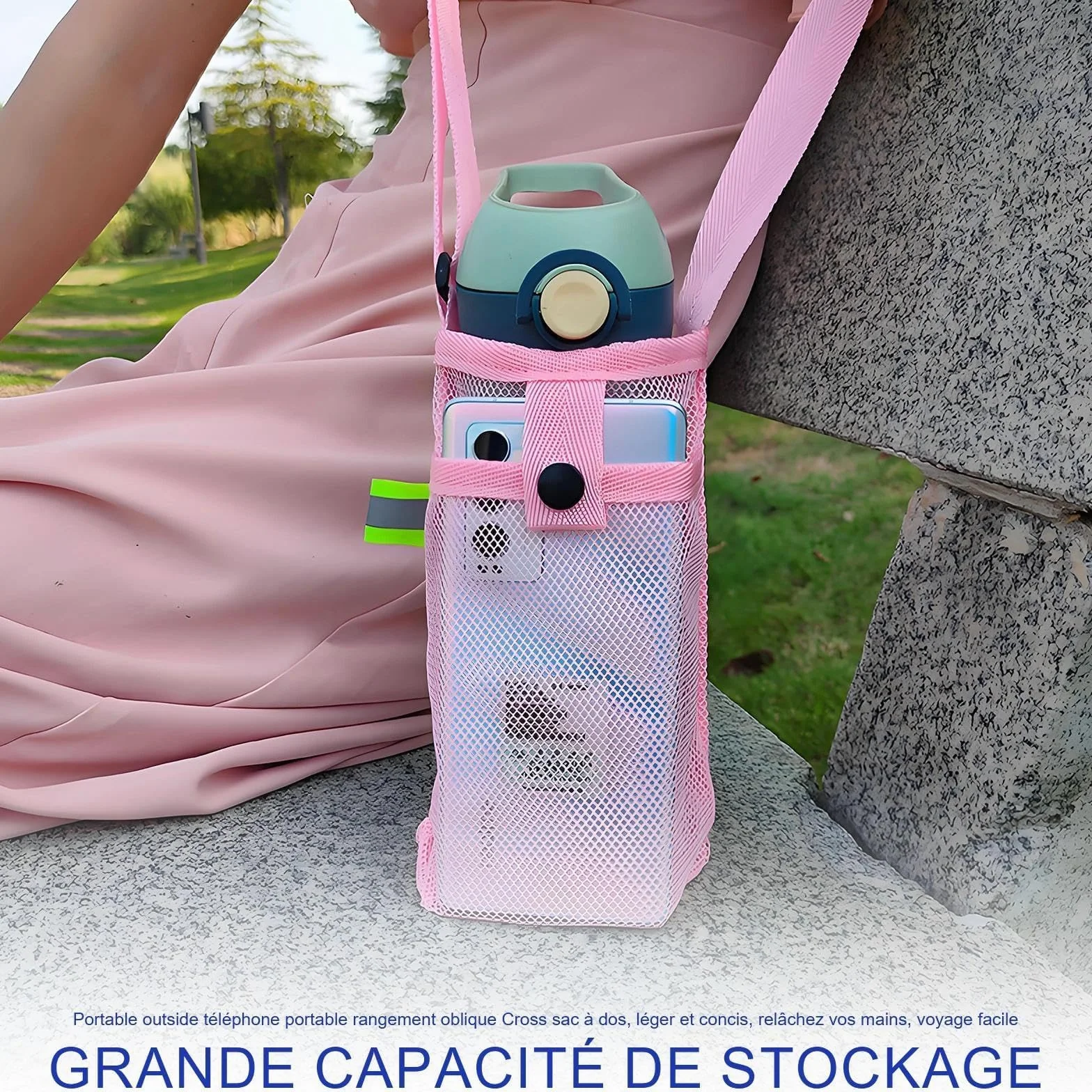 Sac de Bouteille d'eau en Filet, Porte Gourde Randonnée avec Bandoulière Réglable, pour Camping, Alpinisme (Schwarz, Rose)