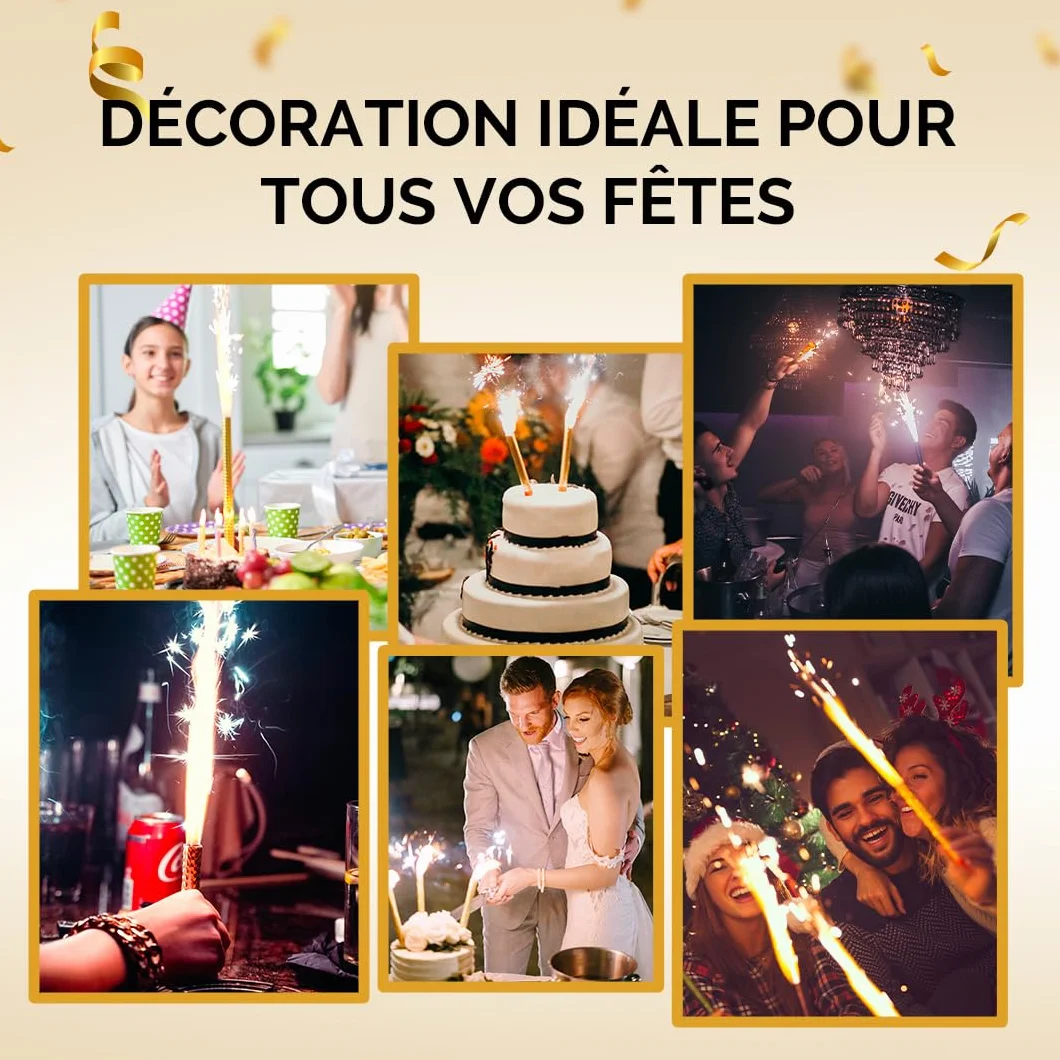 Lot de 100 Fontaines lumineuses 1 minute pour gâteau et bouteille de champagne, Bougie d'ambiance anniversaire décoration