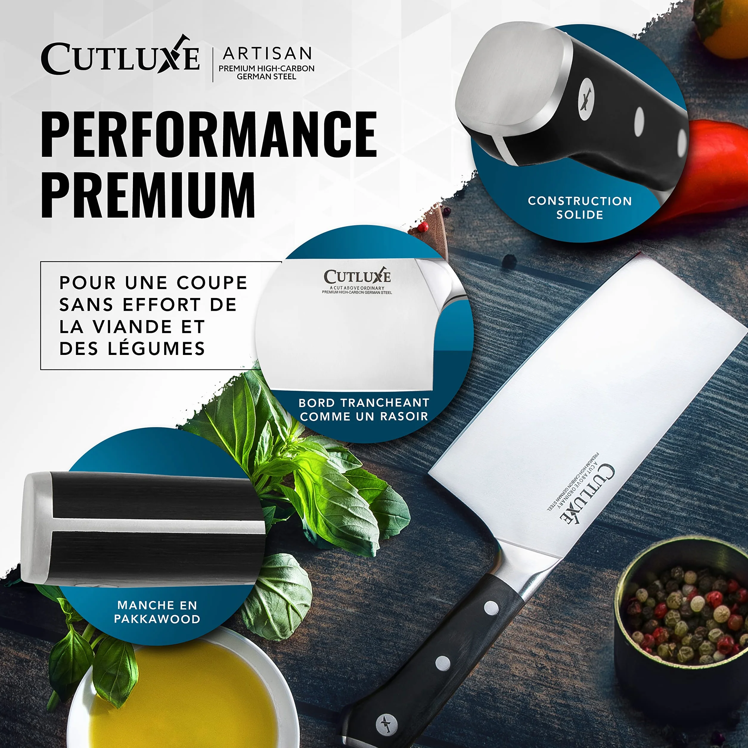 Cutluxe Couteau de Boucher 17.7 cm Acier Allemand Carbone Tang Complet Série Artisan
