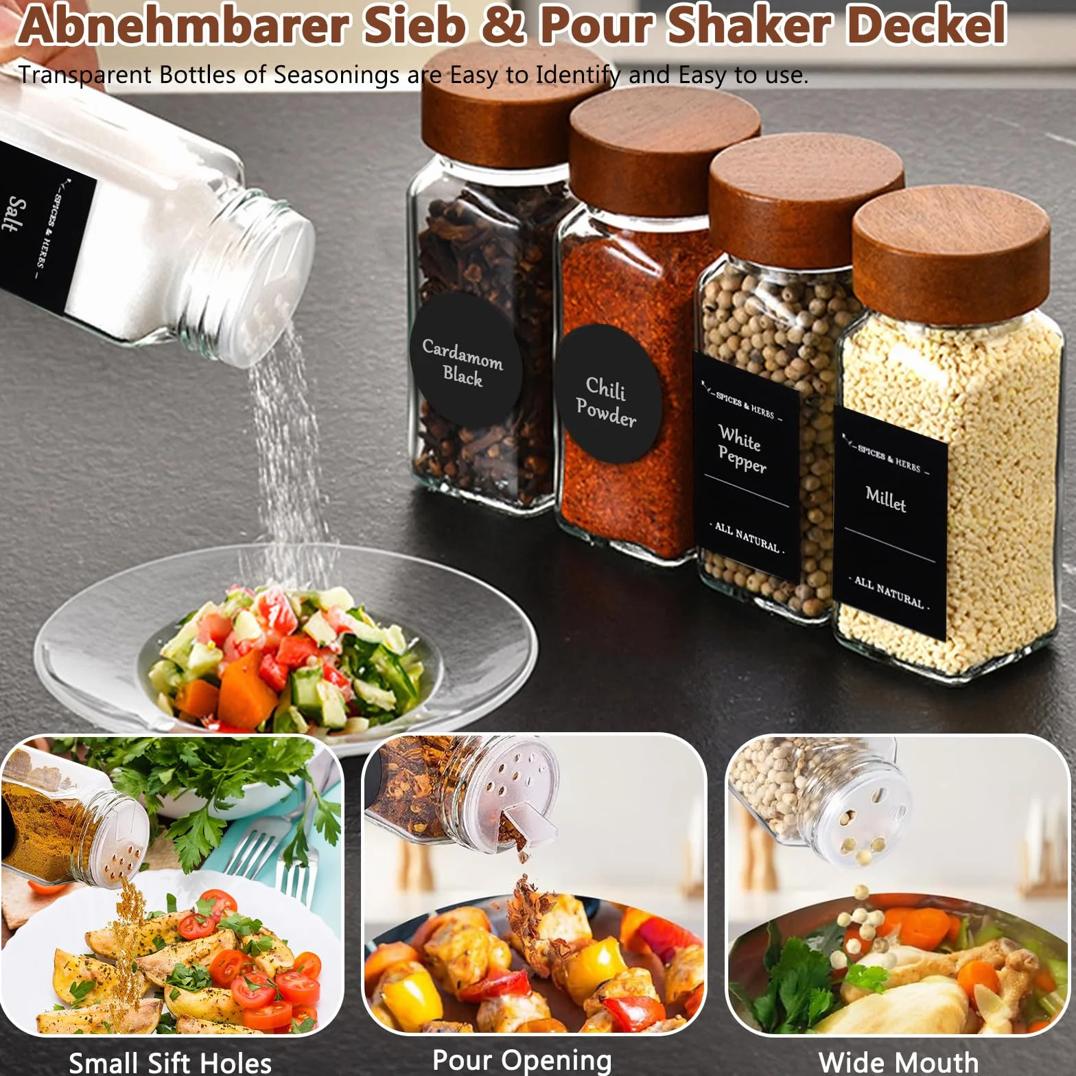 Pot à Épices en Verre et Bois, 24 Pièces 120ml, Set avec Étiquettes, Entonnoir, Brosse