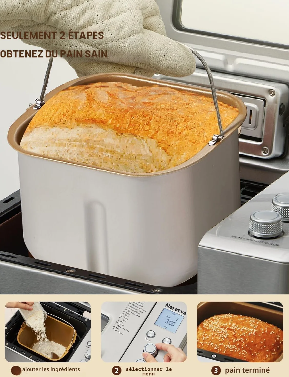 Neretva Machine à Pain Silencieuse Double Chauffage 1000G Bol Céramique Antiadhésif 17 Programmes Sans Gluten