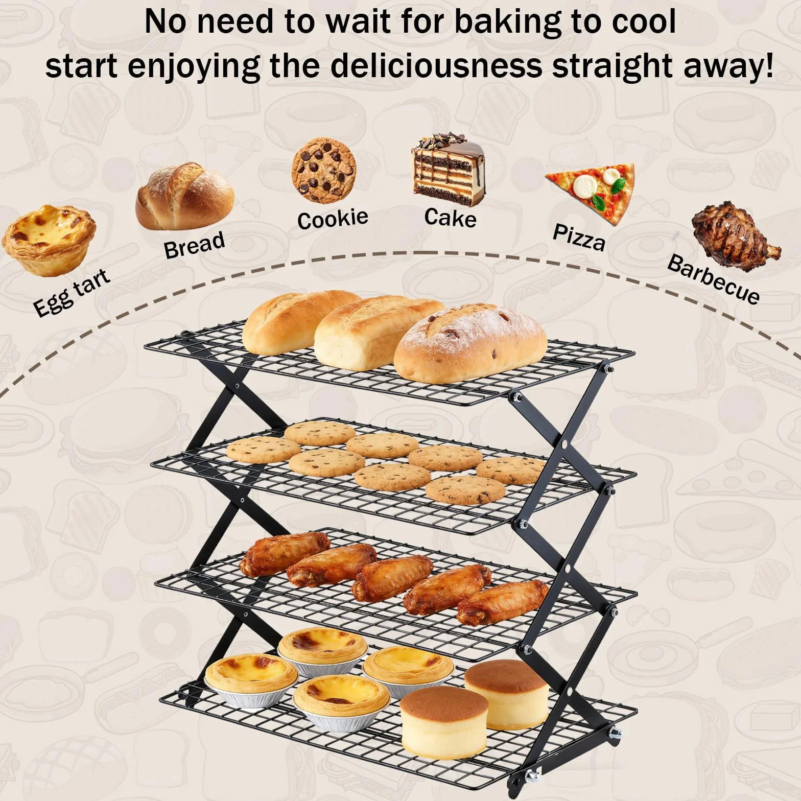 Grille de Refroidissement Pâtisserie 4 Niveaux Pliable, Hauteur Réglable, Four et Lave-Vaisselle Safe