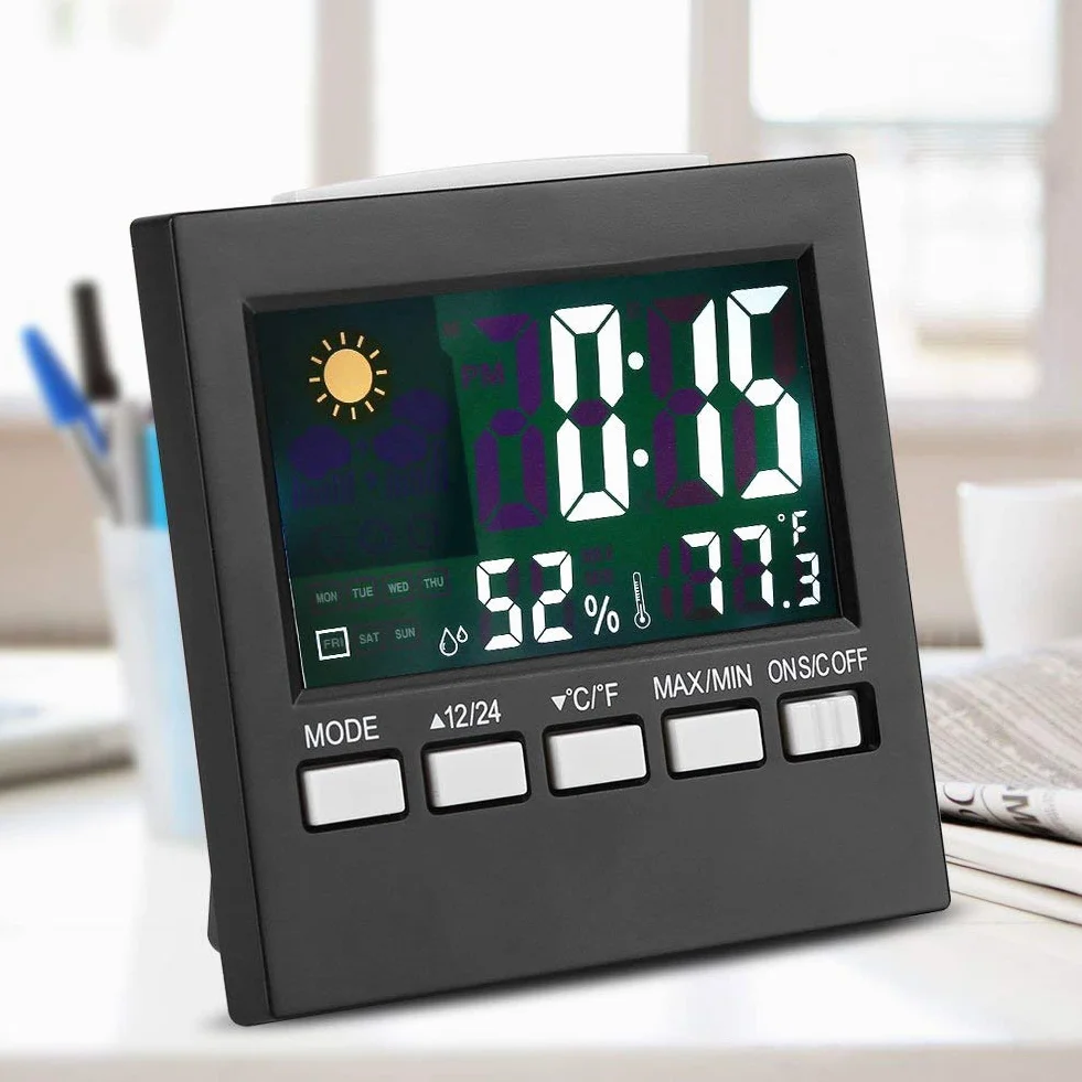 Réveil numérique avec thermomètre et calendrier, affichage température humidité rétroéclairé portable pour chambre salon