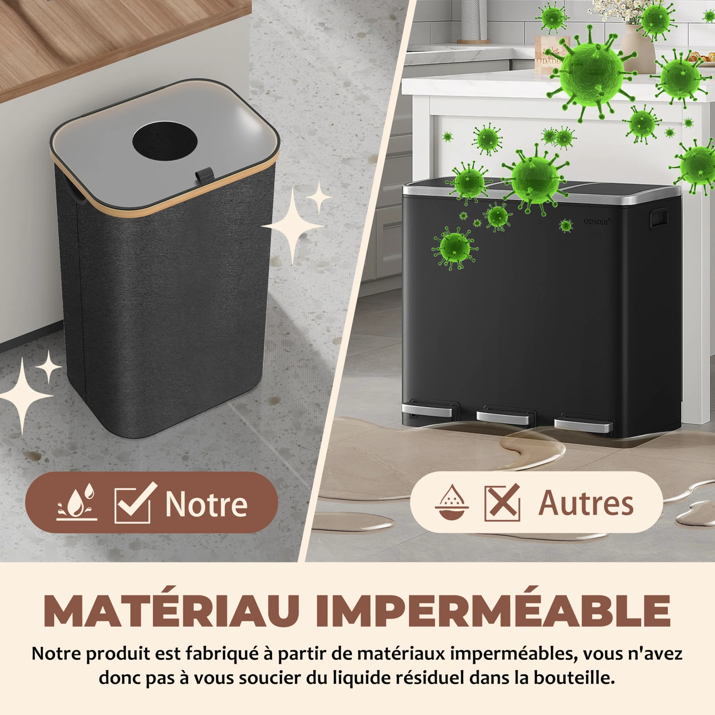 Poubelle Cuisine Tri Sélectif 100L Noir – Bac Recyclage Double Compartiment Bambou