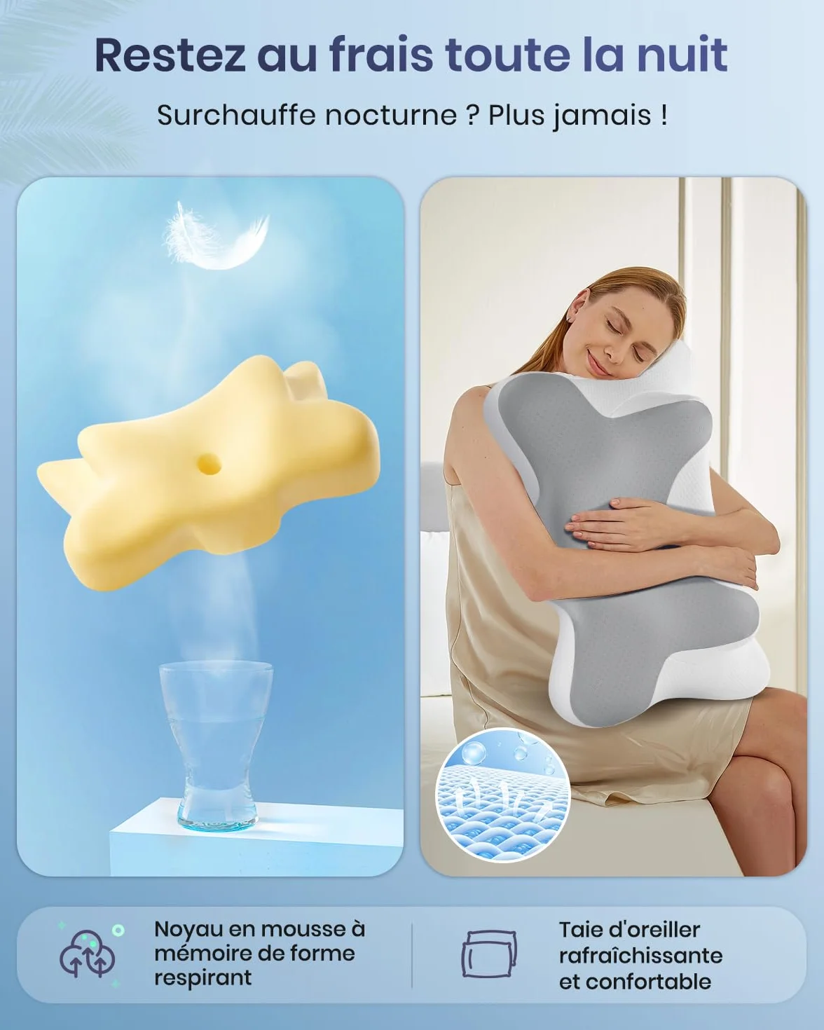 DONAMA Oreiller Cervical Ergonomique Mémoire de Forme, Soutien du Cou, 66x37x13 cm, Gris Blanc
