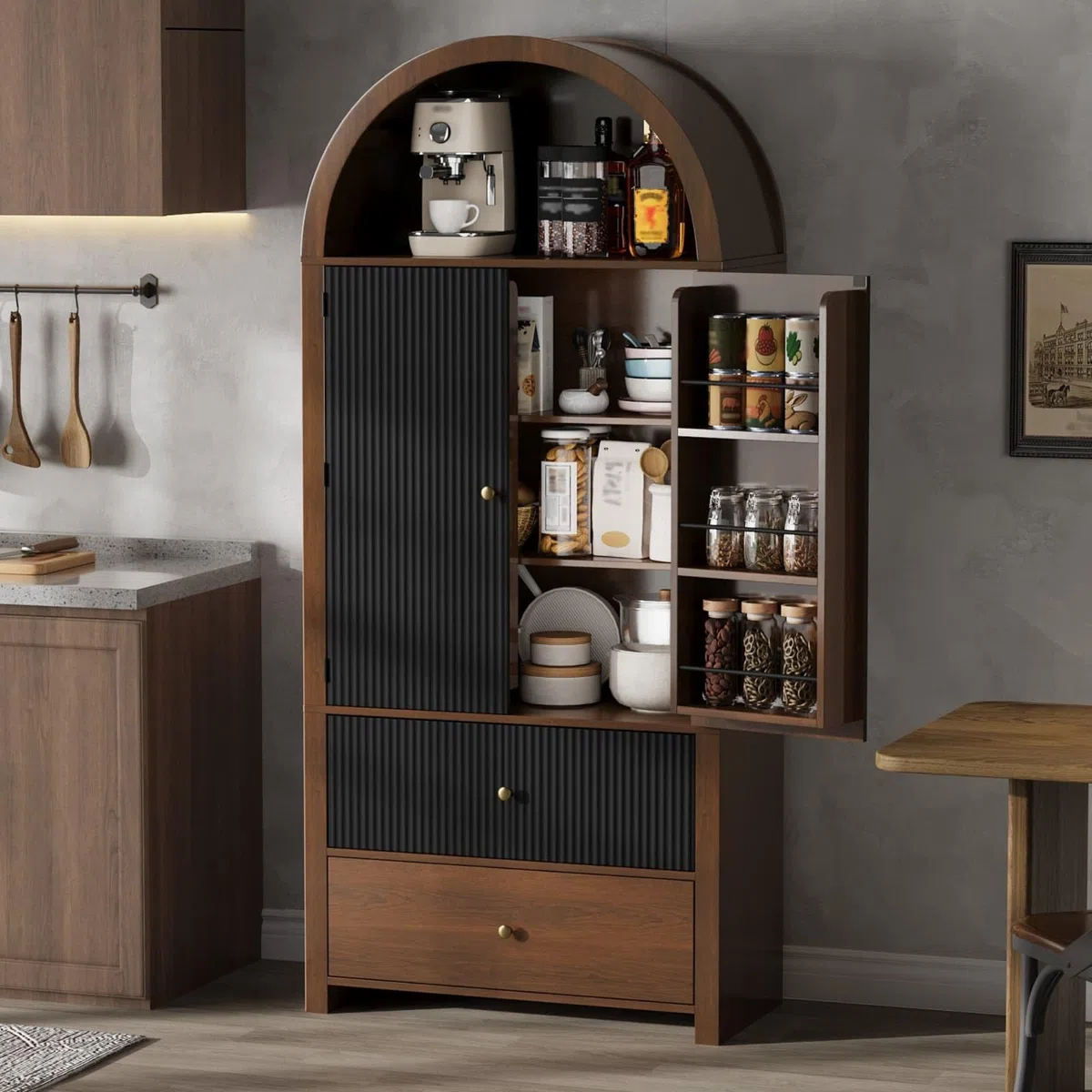 KOMHTOM Armoire de Rangement Haute, Armoire en Bois, Meuble de Rangement, Conception avec Dessus Incurvé, 3 Tiroirs, 2 Portes, pour Cuisine et Salon (Noir+Naturel)