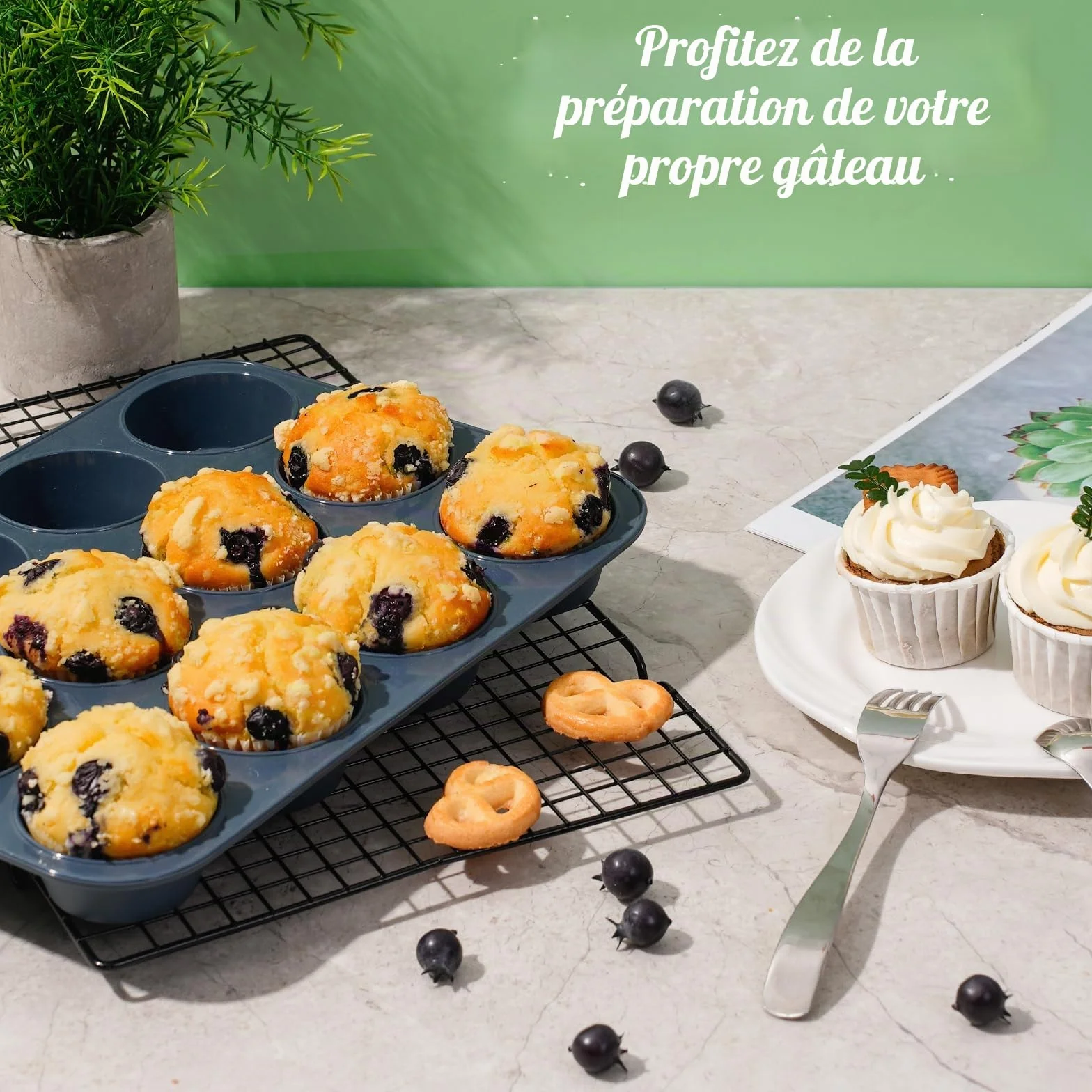 Moule à Muffins en Silicone Anti-adhésif 33 x 25 x 3 cm Gris Plaque Pâtisserie Cupcakes Brownies Pudding
