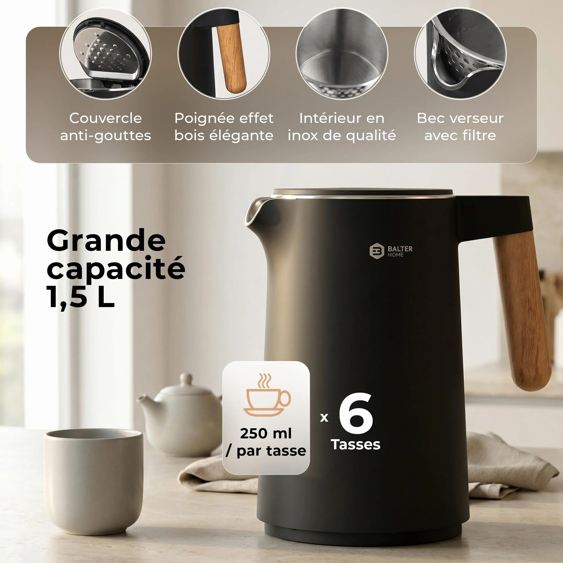 BALTER Bouilloire électrique inox 1,5 L température réglable 45-100°C double paroi sans BPA