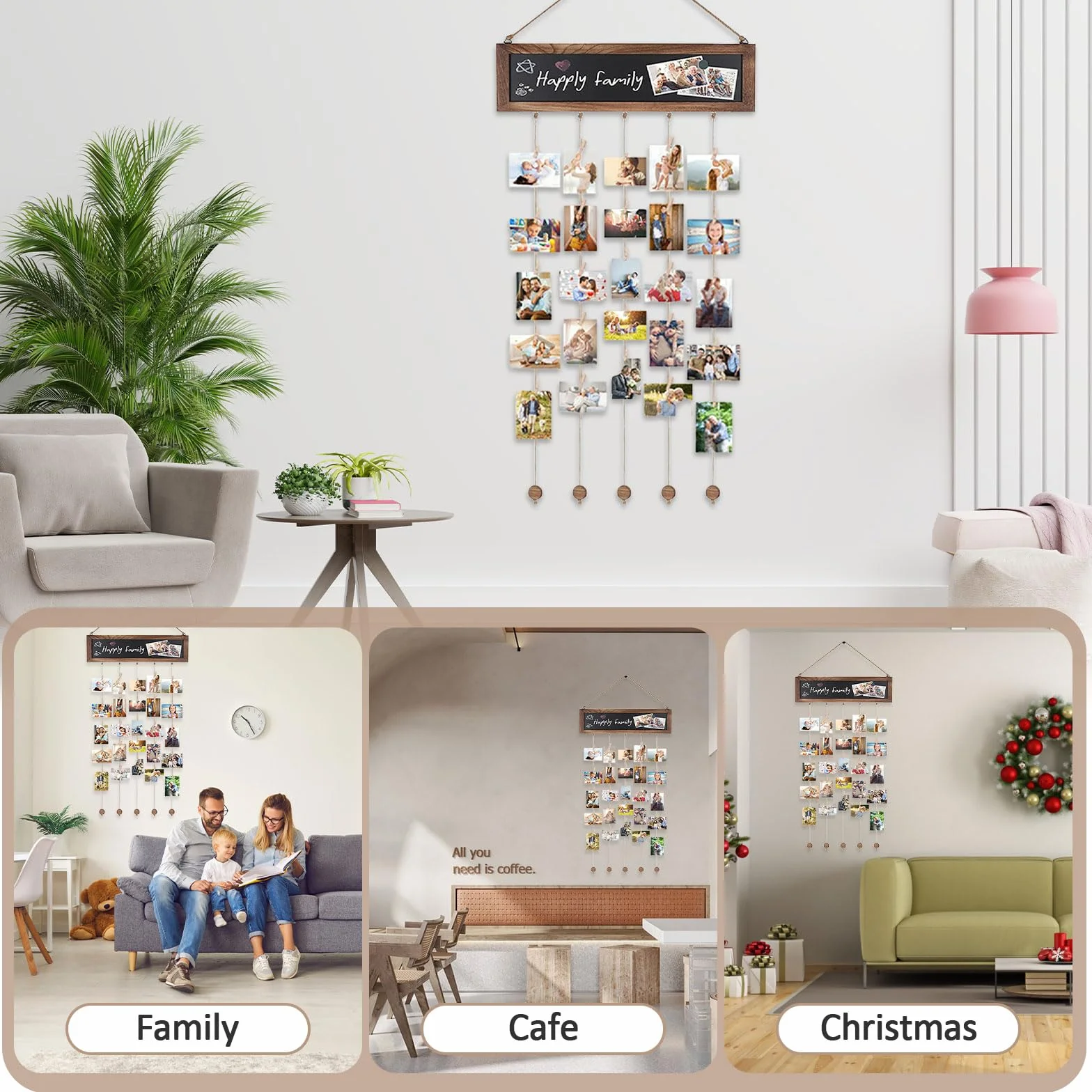 Porte Photo Mural avec 30 Clips en Bois, Tableau d'affichage Photo pour Décoration Maison