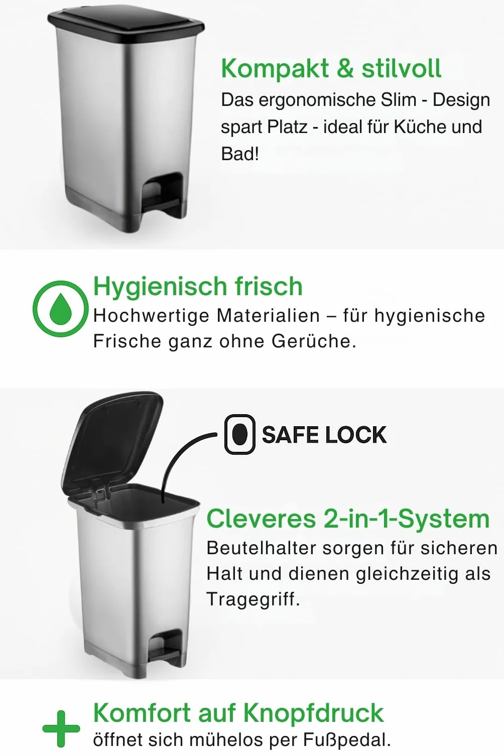 Poubelle à pédale 15 L sans BPA plastique cuisine salle de bain bureau Anthracite Noir