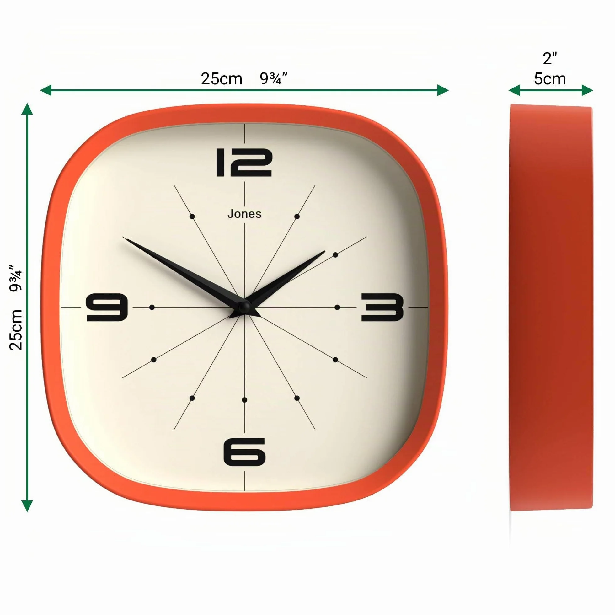 JONES CLOCKS Pulsar Horloge Murale 25cm Orange Rétro Carrée Arrondie