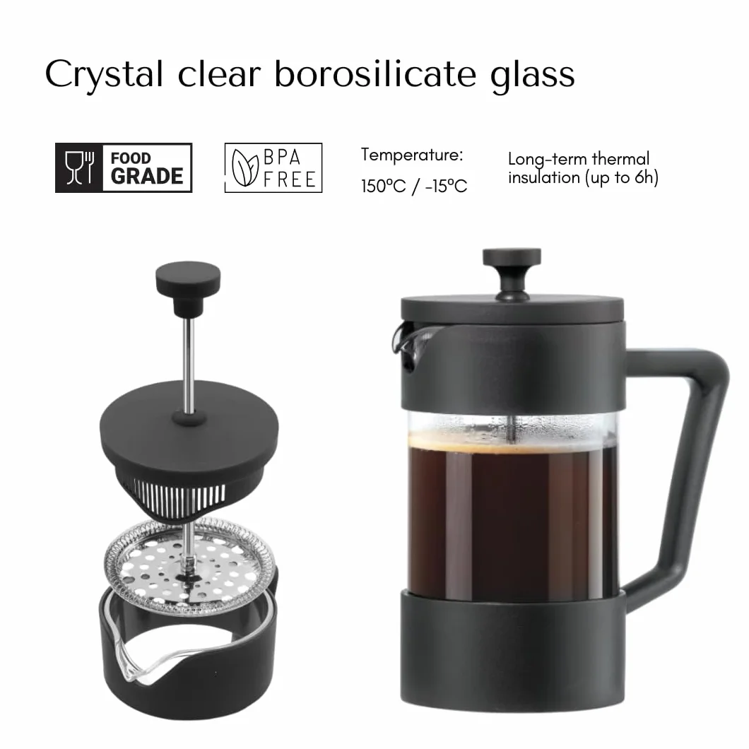 Cafetière à piston W&M en verre borosilicate et acier inoxydable, triple filtre - Noir
