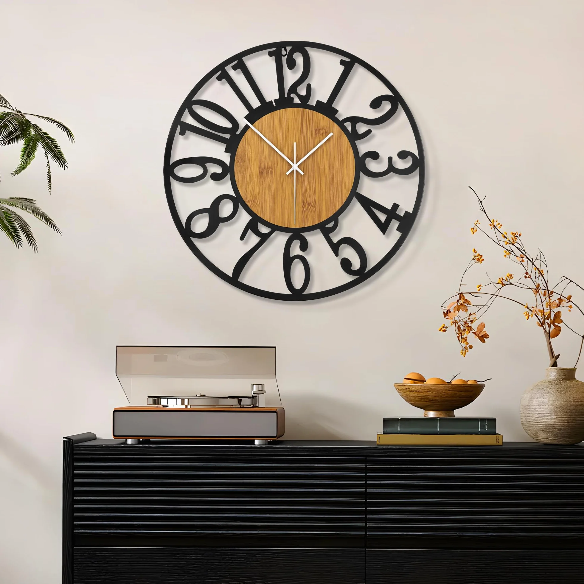 Horloge murale 50 cm silencieuse bois métal noir moderne salon cuisine