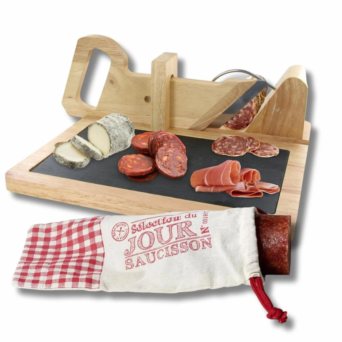 Trancheuse Saucisson Bois Guillotine Manuelle Coupe Charcuterie Multifonctions Plateau Ardoise Pochon