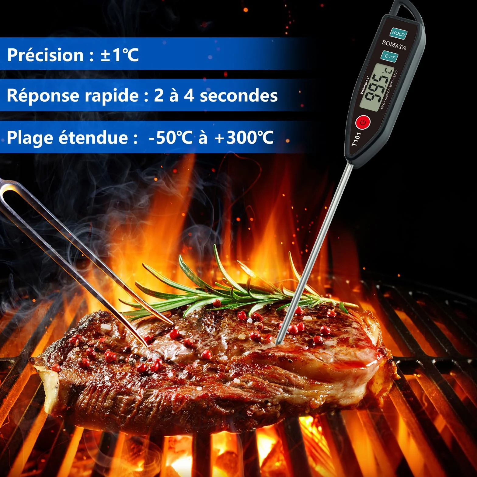 BOMATA Thermomètre étanche IPX7 T101 Noir, sonde longue lecture instantanée