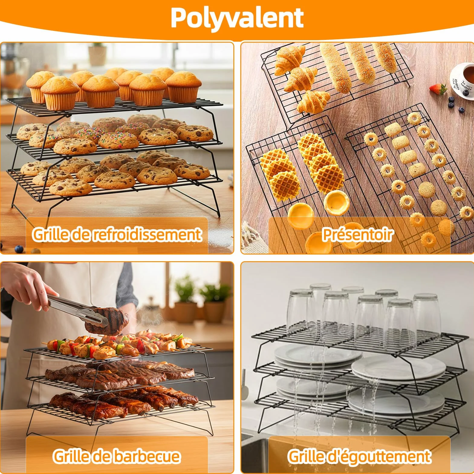 Grille de Refroidissement Pâtisserie Acier Carbone Antiadhésive 40x25 cm Pliable Empilable 3 Niveaux