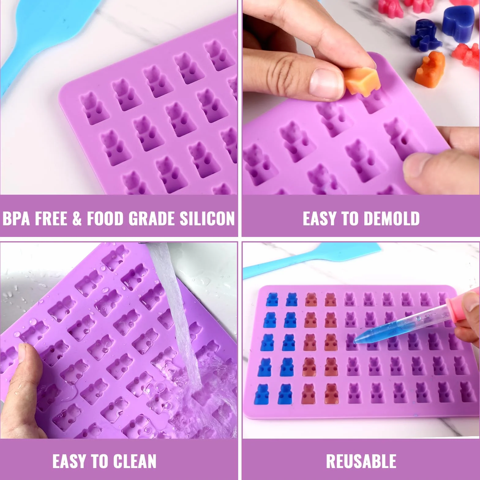 Moules à Bonbons en Silicone Antiadhésif, Moules à Chocolat Réutilisables avec Compte-Gouttes, Spatule, 50 Sachets, Attaches Torsadées