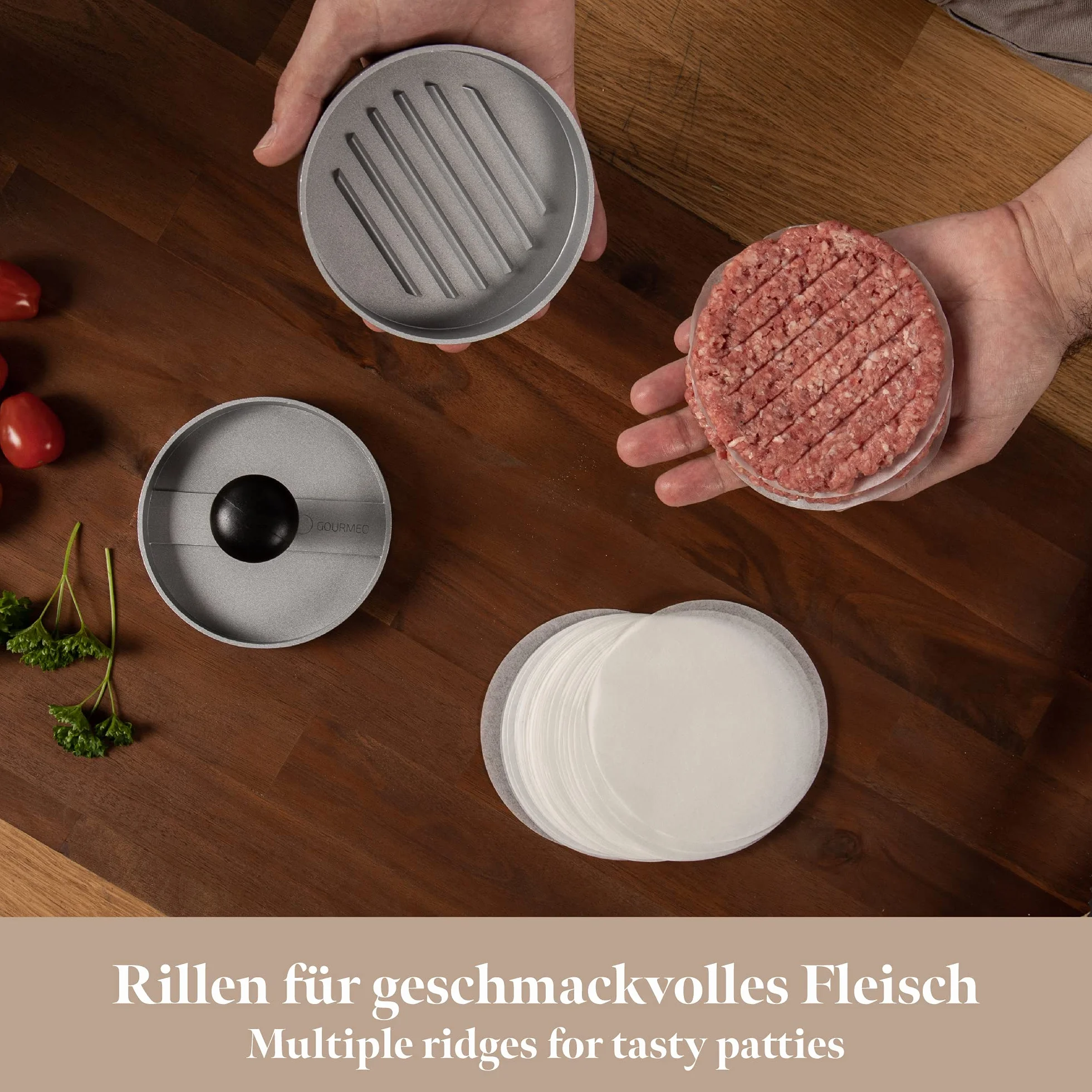 Presse à burger premium en fonte d'aluminium avec revêtement antiadhésif + 30 feuilles - Garantie 2 ans