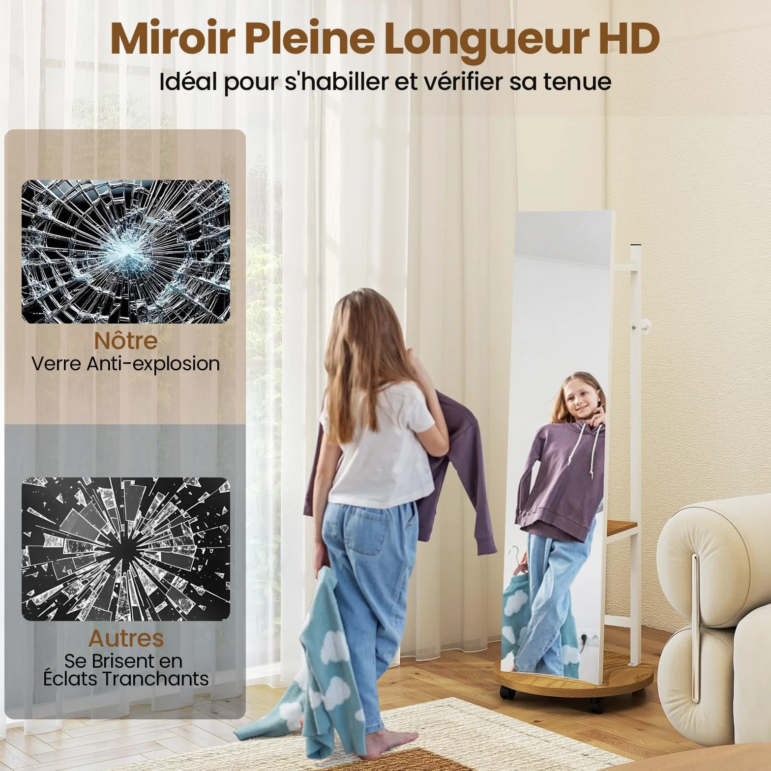COSTWAY Miroir sur Pied Grand avec Porte-Manteau 4 Roues Pivotantes 360° 3 Crochets Cadre Métal 45 x 135 cm Blanc Naturel