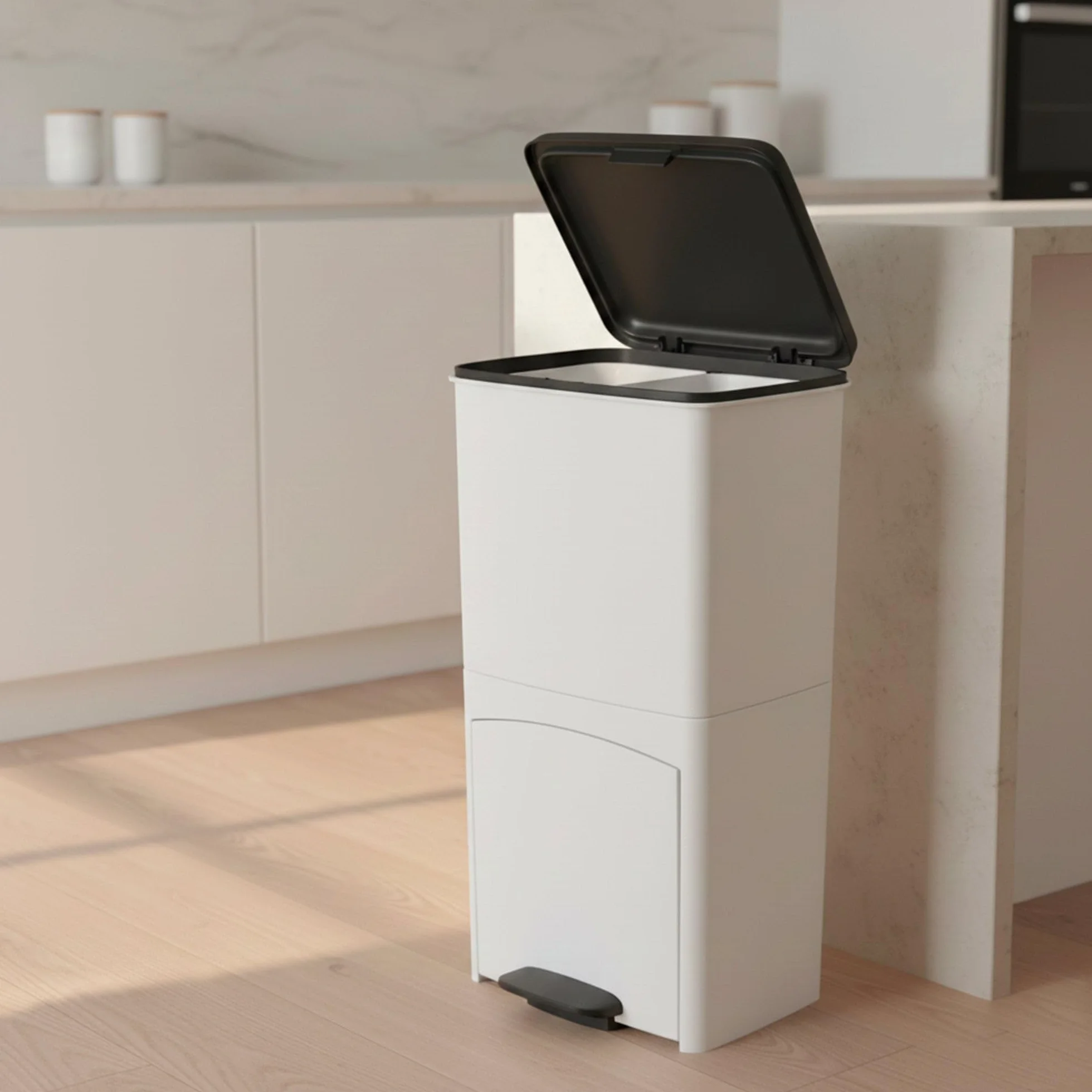 KITCHEN MOVE Poubelle de cuisine tri sélectif verticale 70 litres Blanc double compartiment