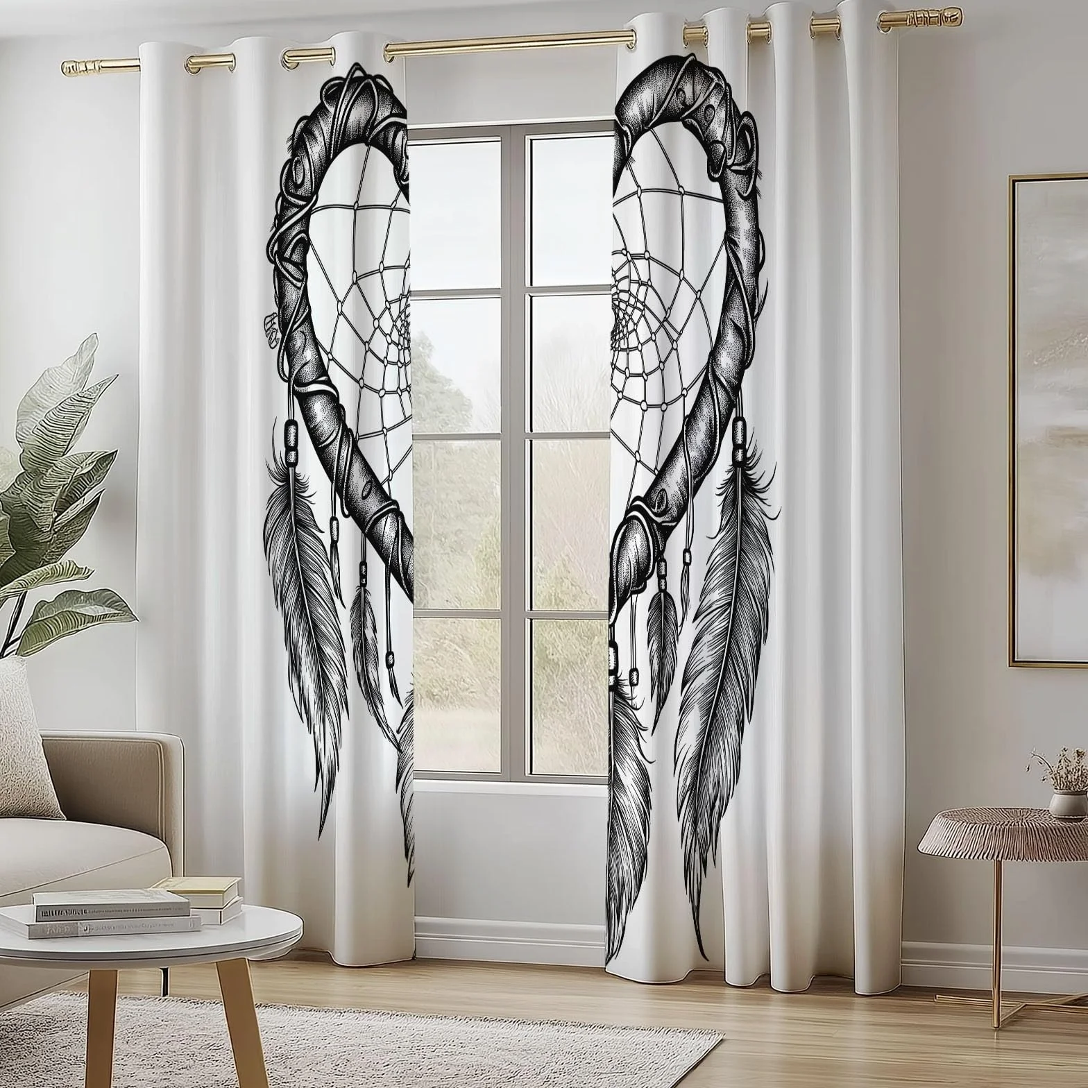 Rideaux Occultants 91.5x214 cm 2 Panneaux Attrape-rêves Coeur Tissu Occultant Chambre Enfant Blanc