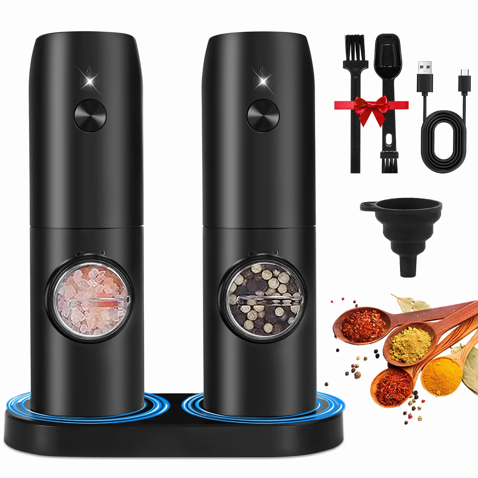 UCAMP Moulin à Sel et Poivre Électrique, Base Rechargeable, Grossièreté Réglable, Lampe LED