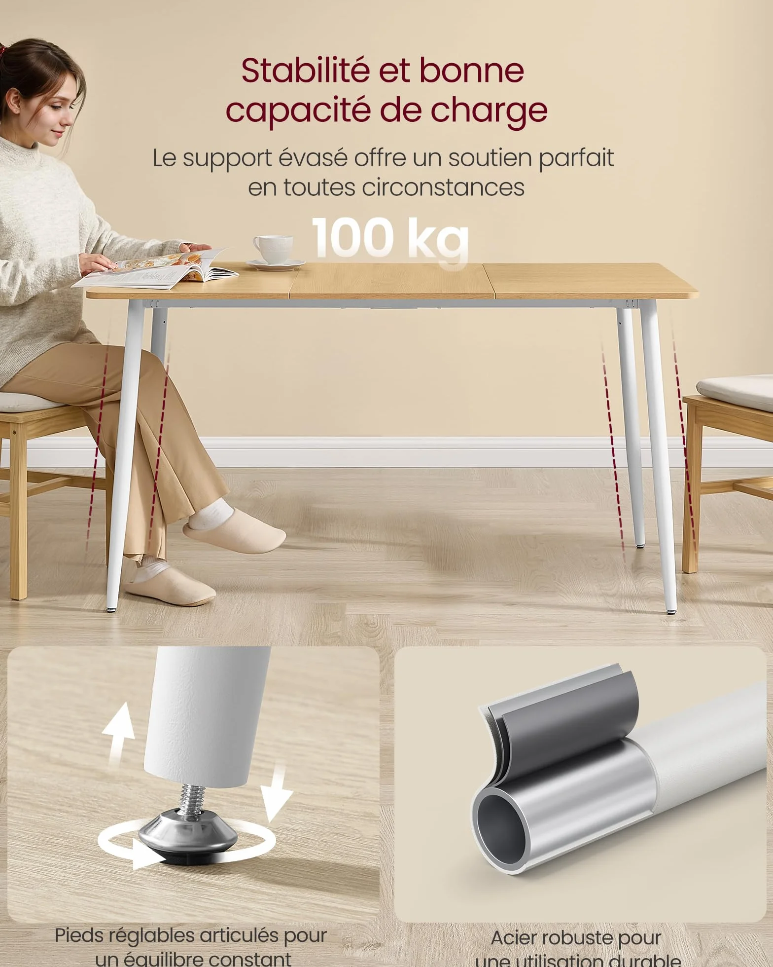 VASAGLE Table à Manger 75 x 140 x 75 cm Doré Chêne Blanc Nuage pour 4 à 6 Personnes