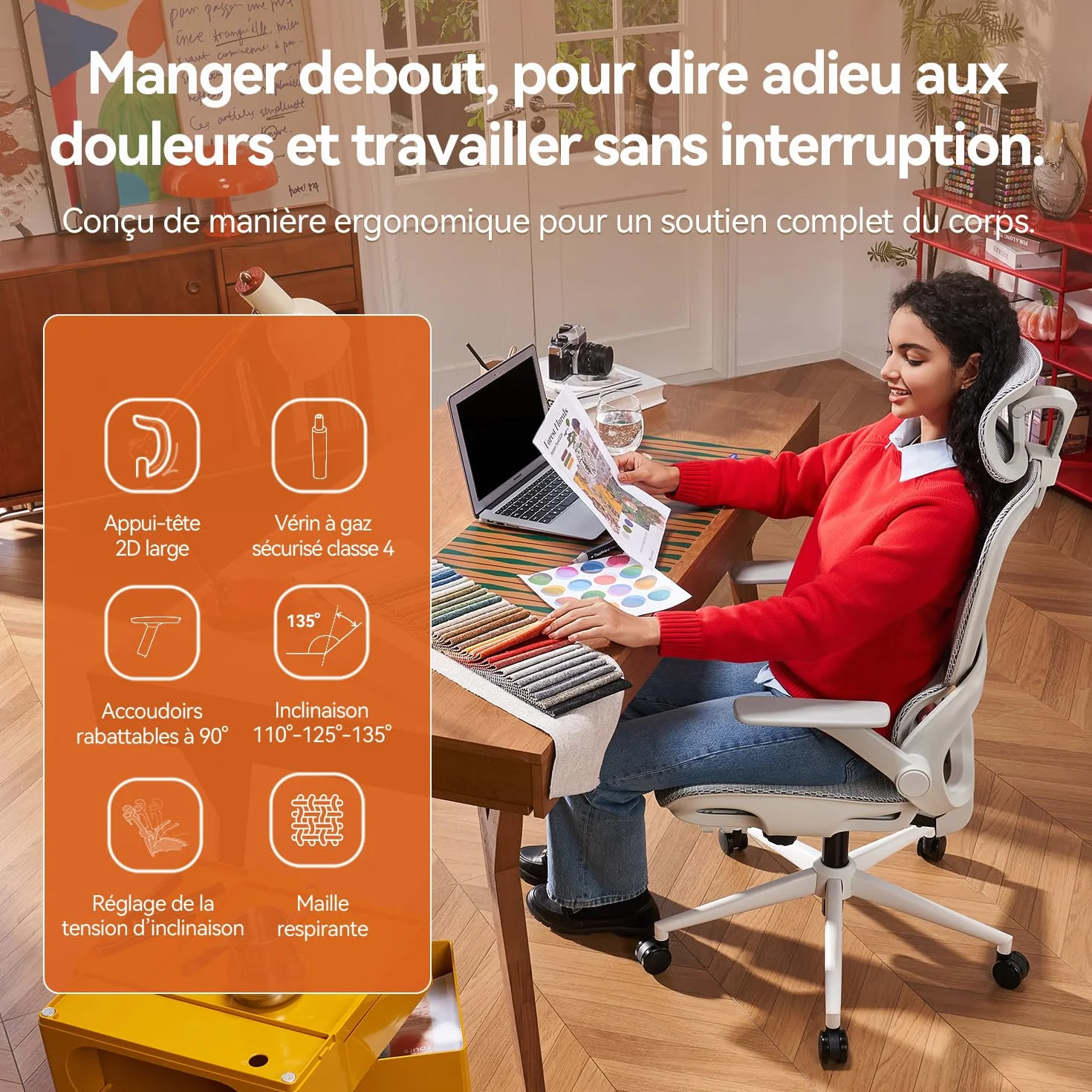 SIHOO B100 Chaise de Bureau Ergonomique Maille Respirante Support Lombaire Inclinaison 90-135° Gris Blanc
